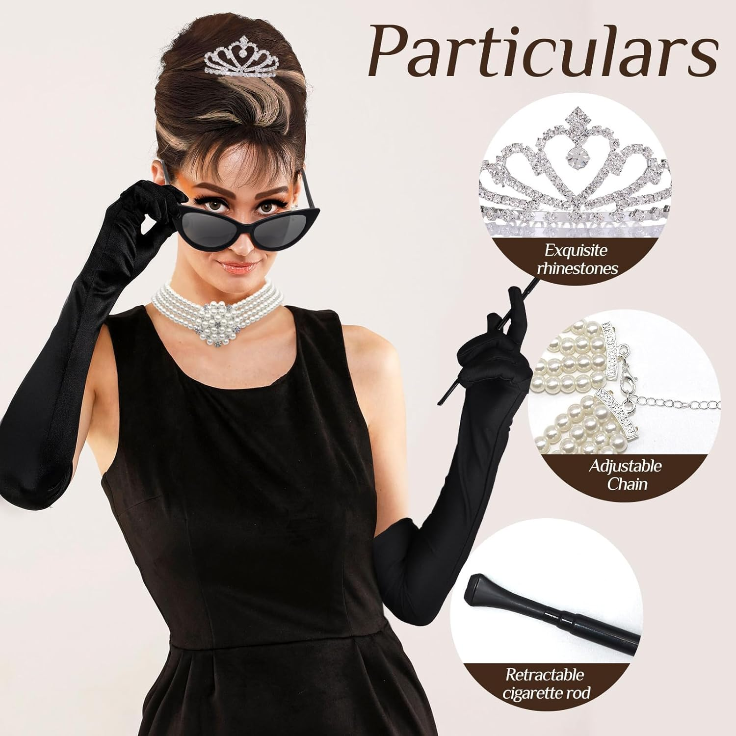 6PCS 1920 Retro Costume Accessories for Women, Fancy Dress Set with Pearl Necklace Tiara Earrings Gloves Sunglasses for Cosplay Carnival Birthday 20S Party image number 6