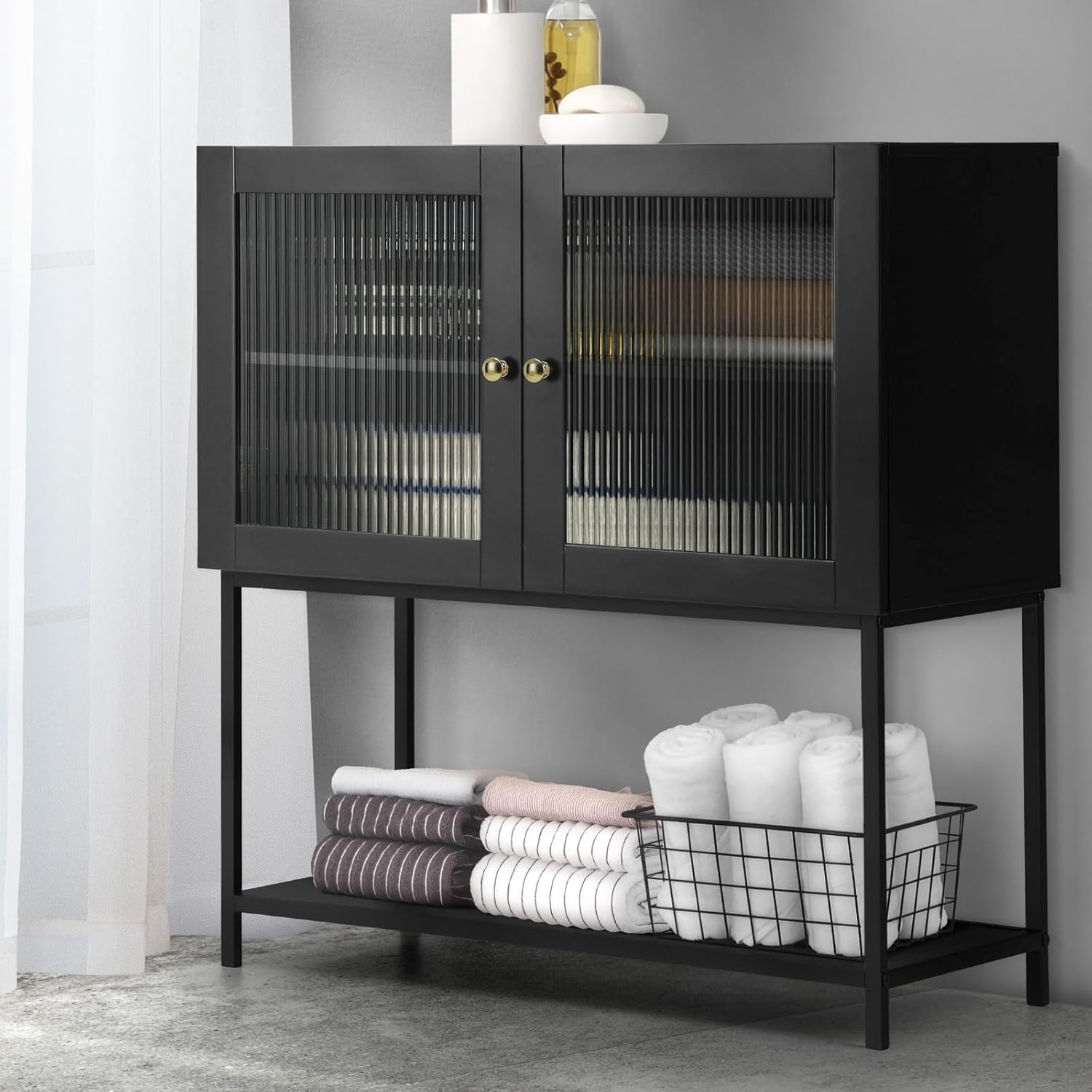 Oikiture Bathroom Cabinet with Tempered Glass Door Storage Floor Cabinet Cupboard Black image number 1