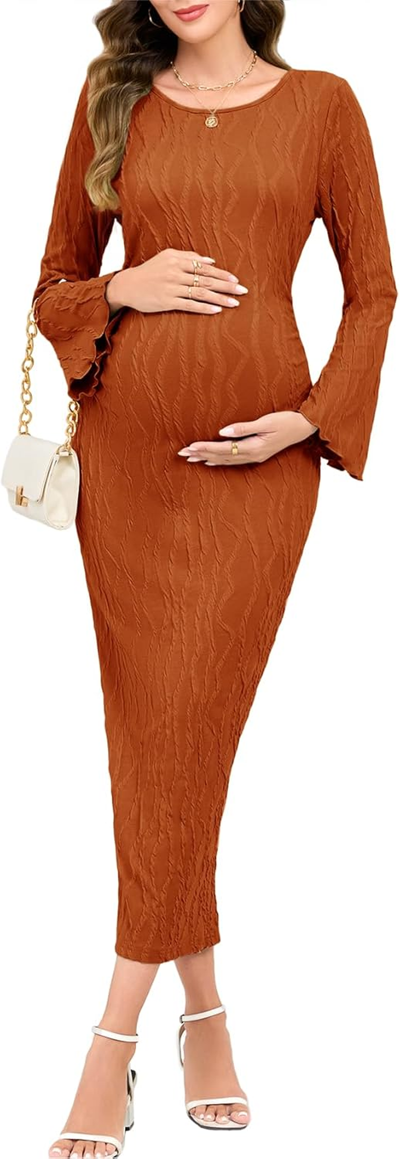 Maternity Dress Ribbed Knit Long Sleeve round Neck Bodycon Mid Pregnancy Dresses Casual Baby Shower Bell Sleeve