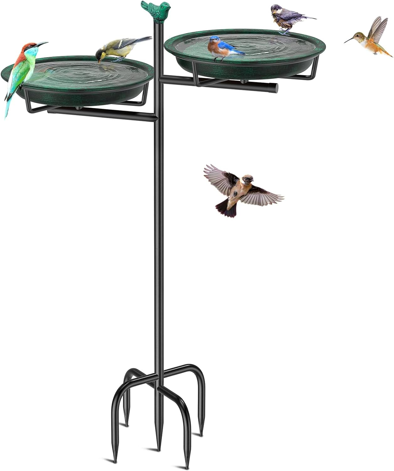 Veyfolzin.St Bird Bath Bowl Standing, 2-In-1 Bird Bath for Outdoor Garden with Double Basin for Water and Food, Metal Birds Bird Basin for Garden Decoration (Old Green)