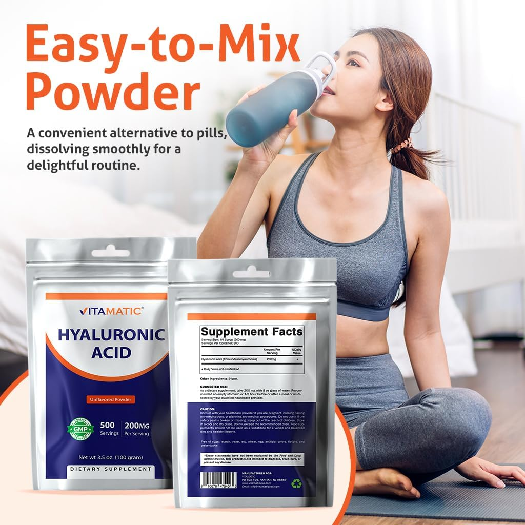 Vitamatic Hyaluronic Acid Powder 200Mg - Supports Healthy Connective Tissue and Joints - Promote Youthful Healthy Skin - 100 Gram image number 3