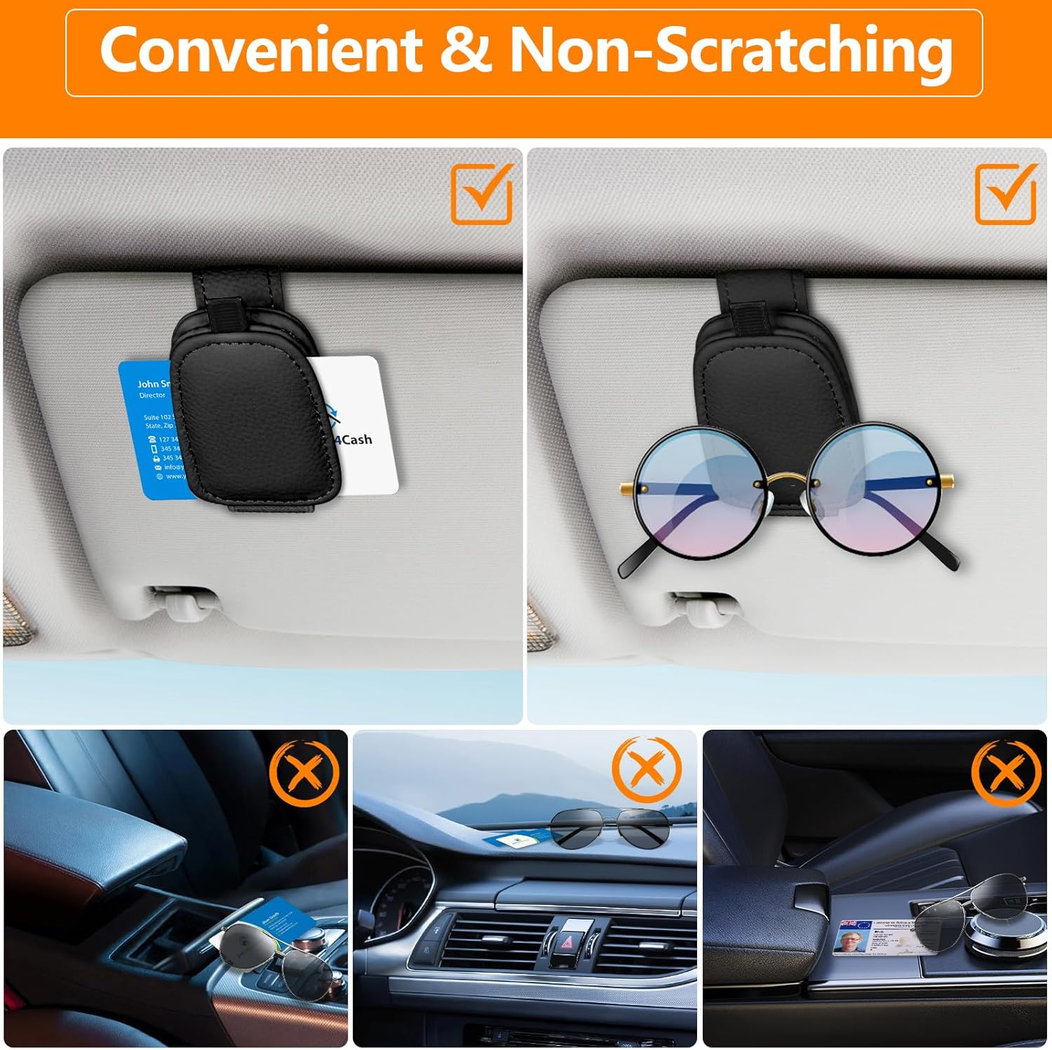 Sunglasses Holders for Car Visor, 2 Pack Magnetic Leather Sunglass Clip for Car Visor, Car Glasses Holder and Ticket Card Clip, Eyeglass Holder for Car Visor Accessories (Black) - 2 Pack - Black image number 3