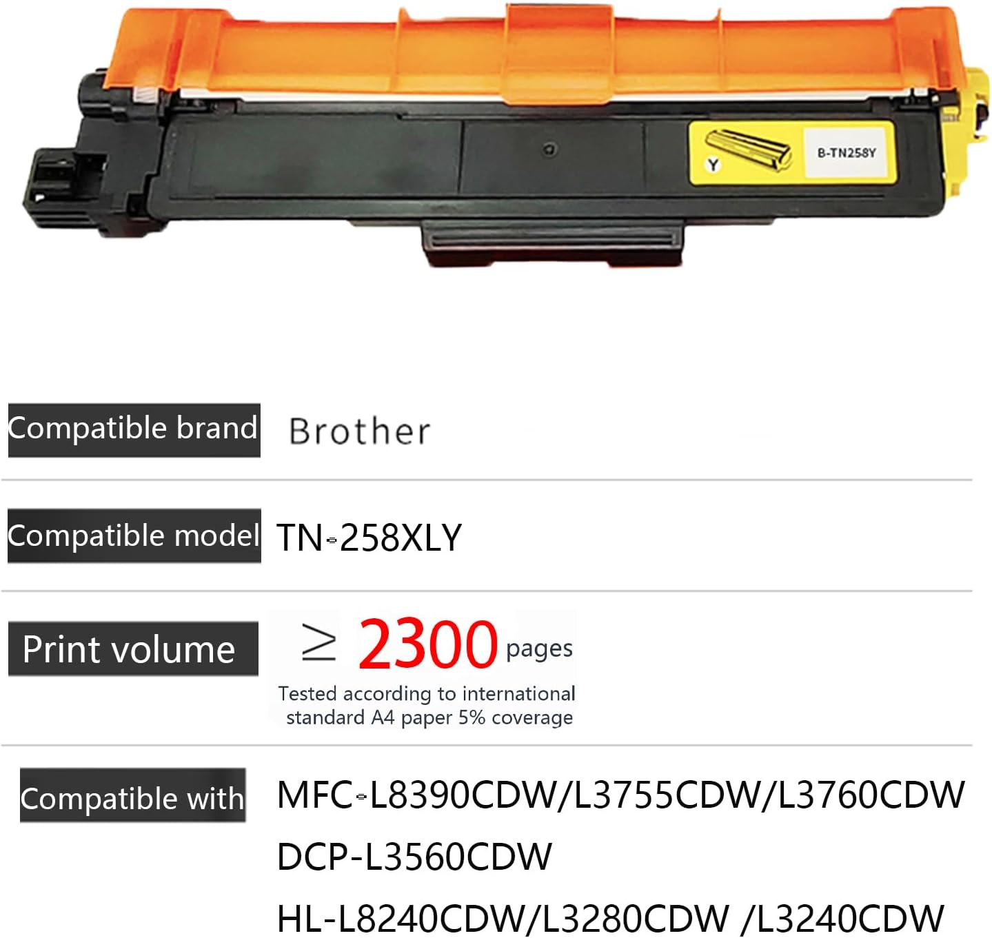 JOJOBE Planet TN-258XLY Compatible Toner Cartridge with Brother MFC-L8390CDW L3755CDW L3760CDW L8240CDW HL-L3280CDW L3240CDW DCP-L3520CDW L3560CDW , 2300 Pages per Cartridge Yellow image number 1