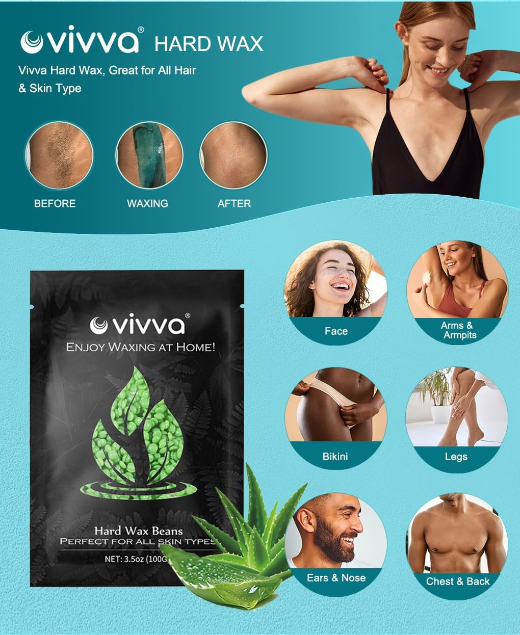 Vivva Waxing Kit, Wax Warmer Hair Removal Adjustable Temperature with 600G Hard Wax Beans and 20 Pcs Wooden Applicator Sticks Painless for Legs, Face, Underarm, Bikini (Black Kits) - Basic Set: Black  300G Lavender image number 7