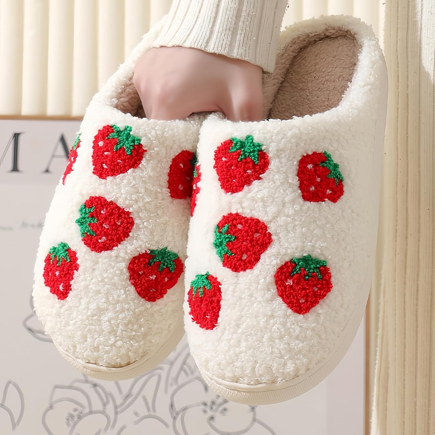 GEBUFAW Fluffy Cherry and Strawberry Slippers Cozy Fuzzy Indoor Shoes for Women and Men Cute Fruit House Slippers Gift image number 2
