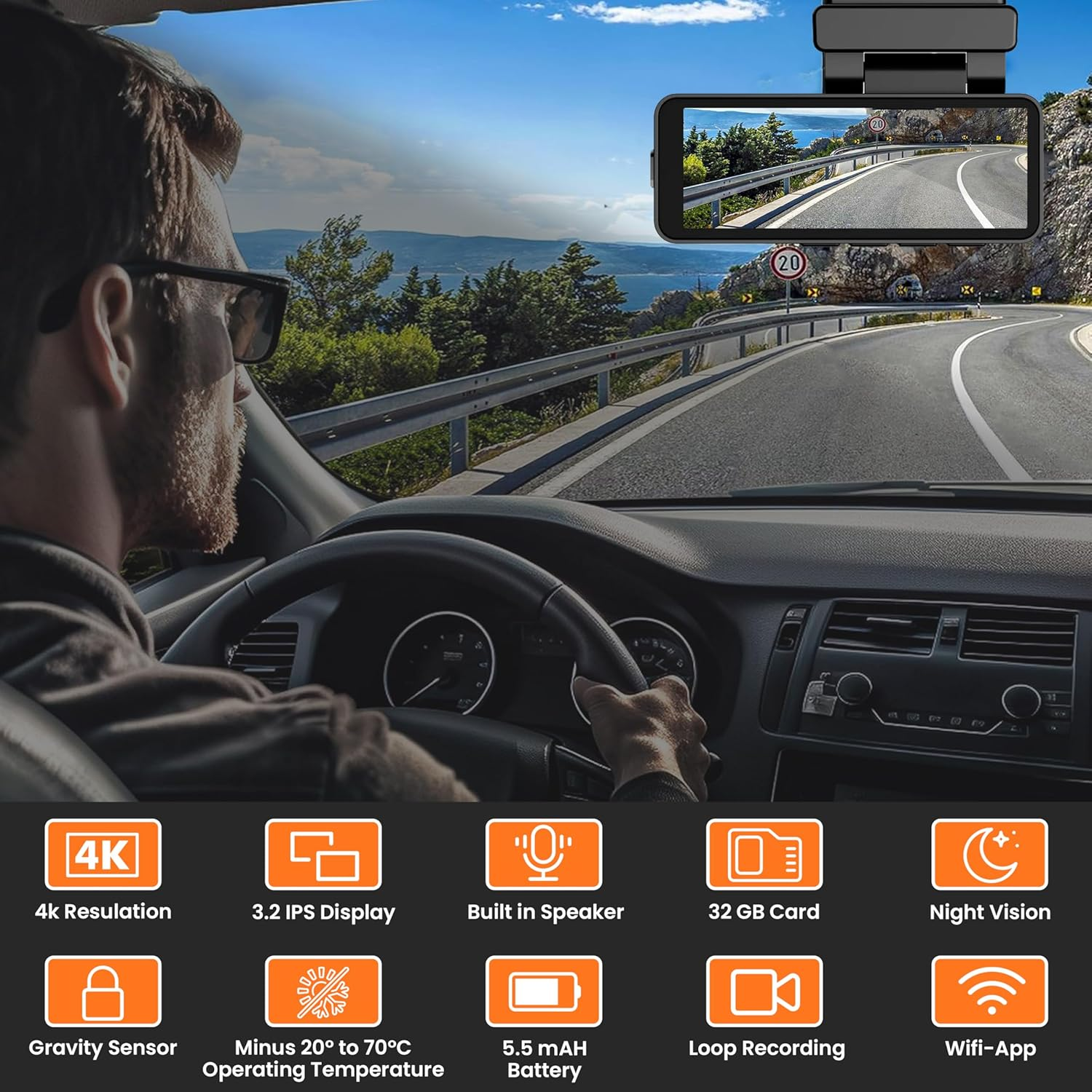 RFAQK Dash Cam 4K Front and Rear - Full HD 1080P Dash Camera, 4K Car Dashboard Recorder with 3.2&rdquo; IPS Screen & 32GB Card, Wi-Fi GPS Night Vision Loop Recording 170&deg;, Wide Angle WDR and Parking Monitor image number 3