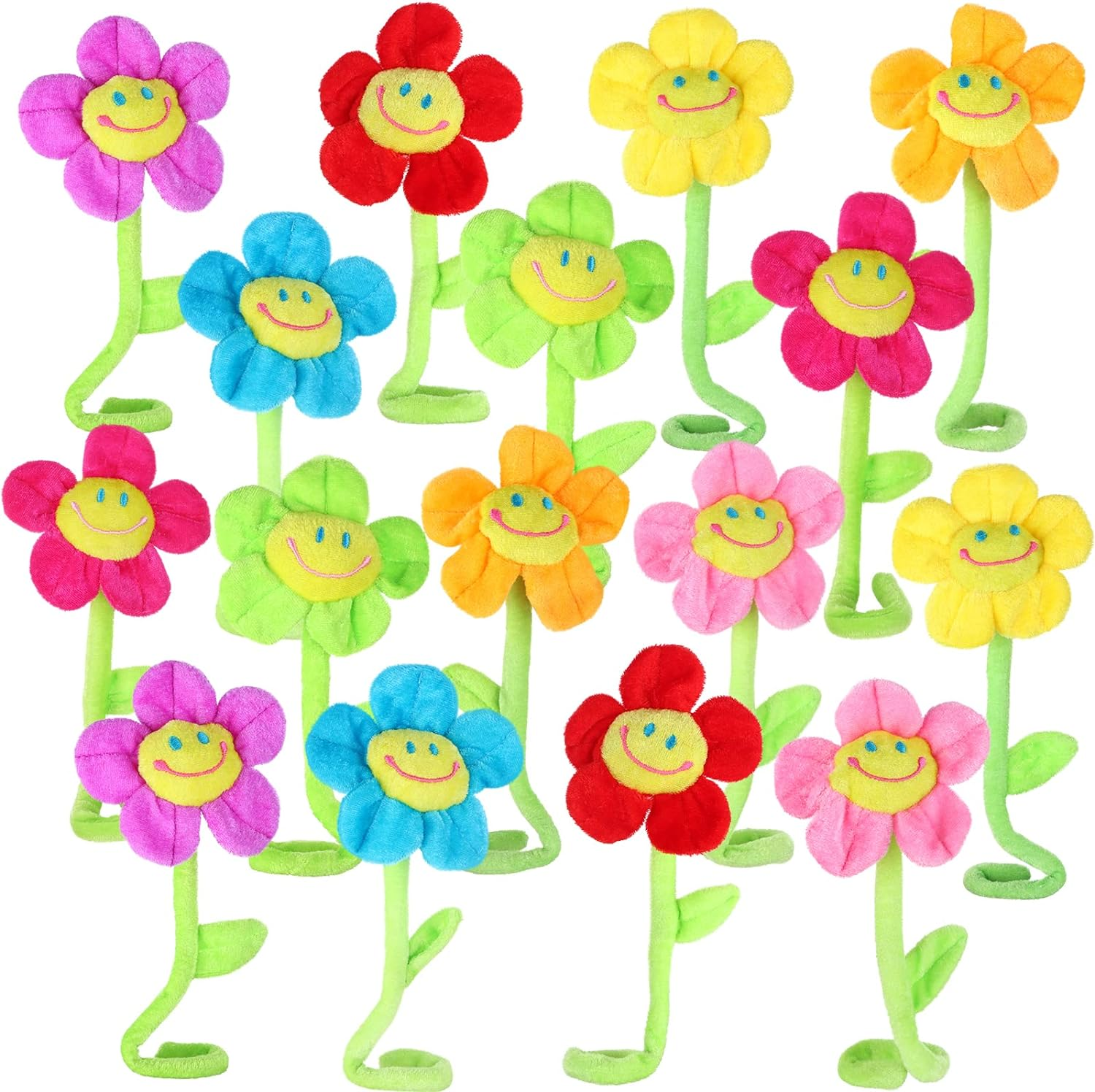 16Pcs Artificial Plush Sunflower Daisy Flower Toy Bendable Curtain Buckle Tiebacks Birthday Wedding Party Gift Decor Fairy Wands Stick Performance Props Novelty School Prize Gifts