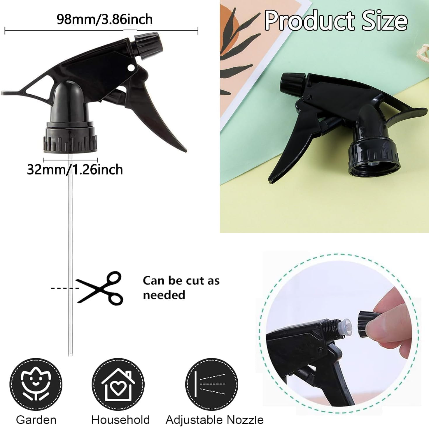6Pcs Heavy Duty Trigger Sprayer Replacement Nozzles - 28-400 Spray Bottle Nozzle, Plastic Sprayer Tops, Standard Mist Spray Nozzle, Black - Black image number 2