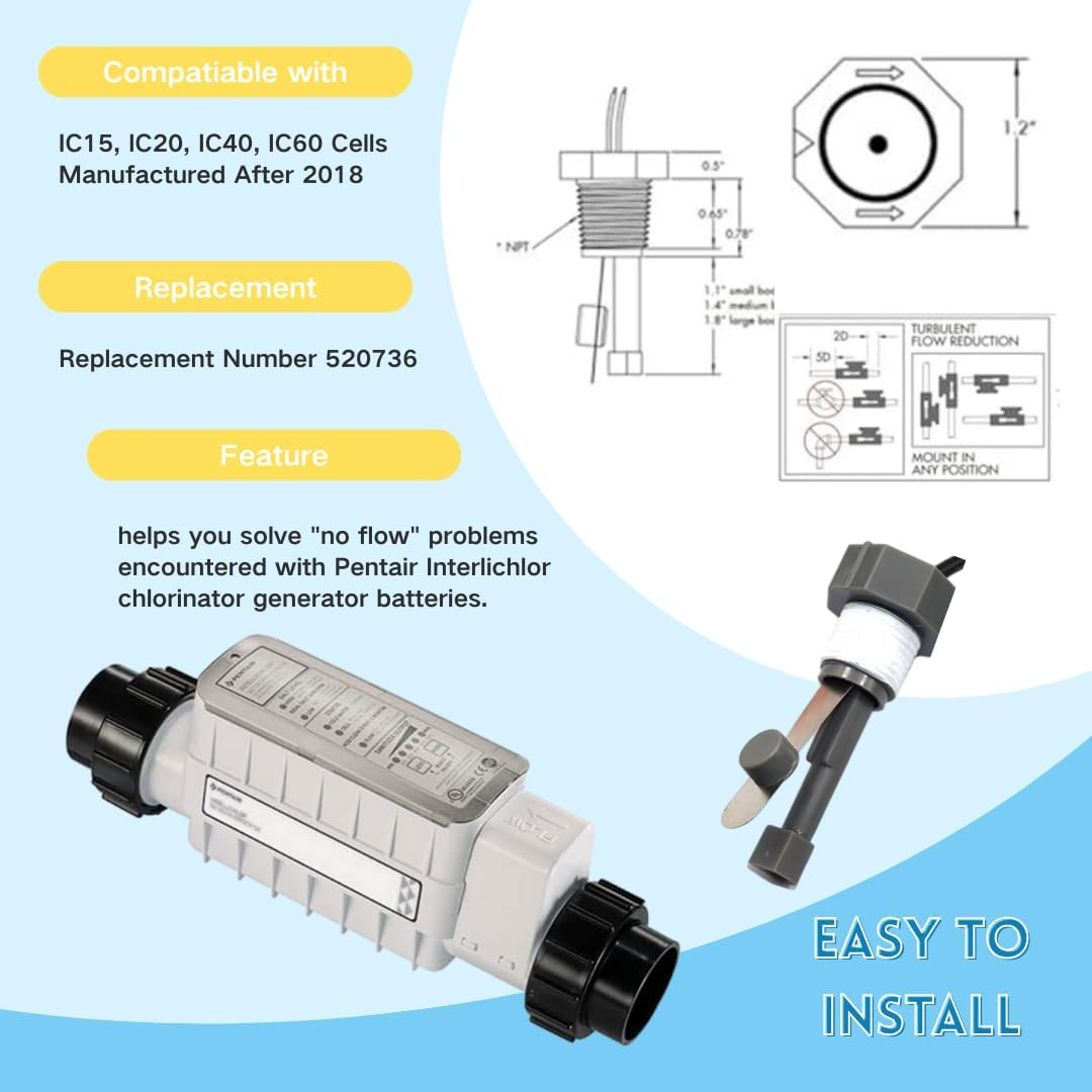 ROHOPE 520736 Flow Switch for Pentair Intellichlor IC40/IC60/IC20/IC15 Swimming Pool Salt Chlorinator Cells, 3-Wire Sensor with Quick Connect, Compatible with 2018+ Models