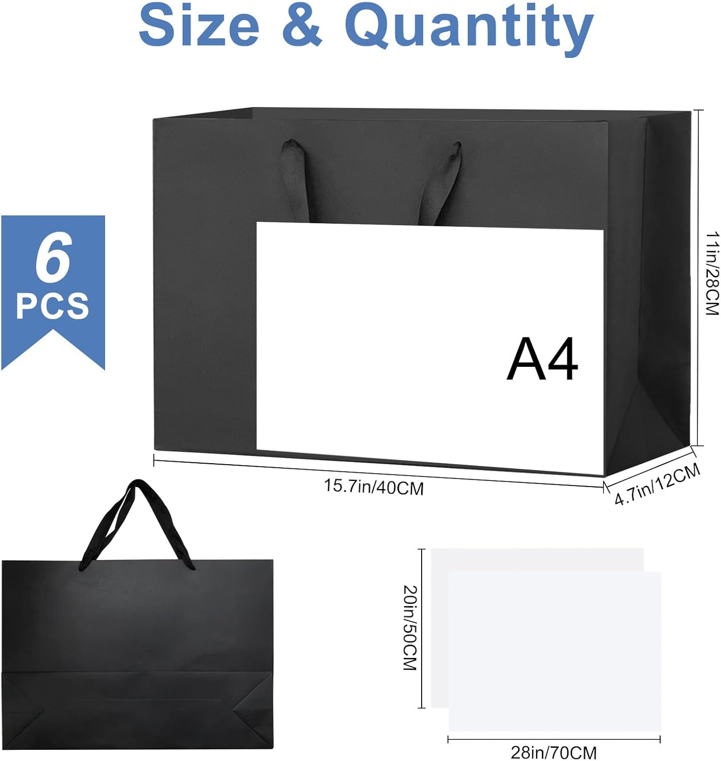Fayrvind 6 Pack 40 X 28 X 12CM Black Gift Bags with Handles,Large Size Gift Bags Bulk with White Tissue Papers for Christmas Birthday Graduation Anniversary Fancy Wedding, Baby Shower Bridesmaid Party image number 2