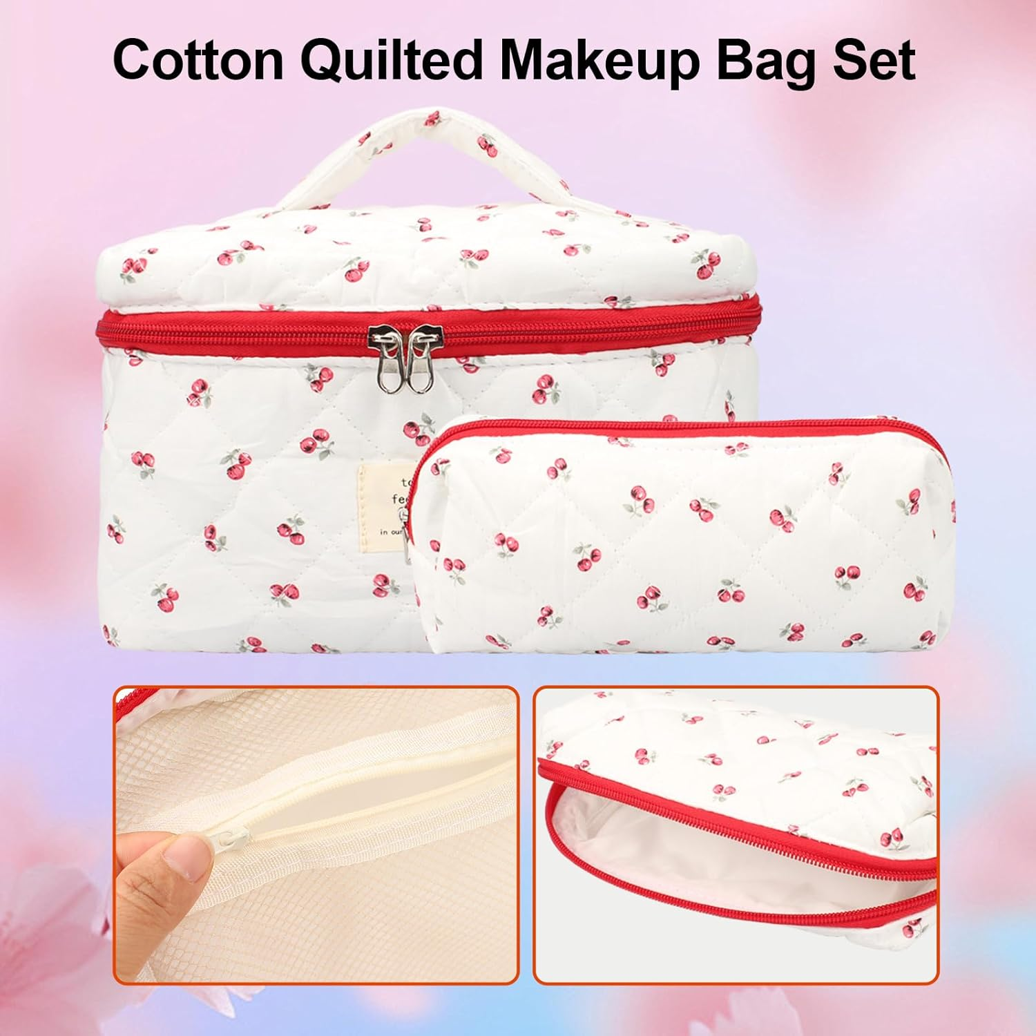 COZY CORE 3 Pack Quilted Cotton Makeup Bag Set, Cherry Travel Cosmetic Organizer with Toiletry Pouch, Portable Beauty Storage for Women Girls - Mothers Day Birthday Gifts (Cheery White) image number 6