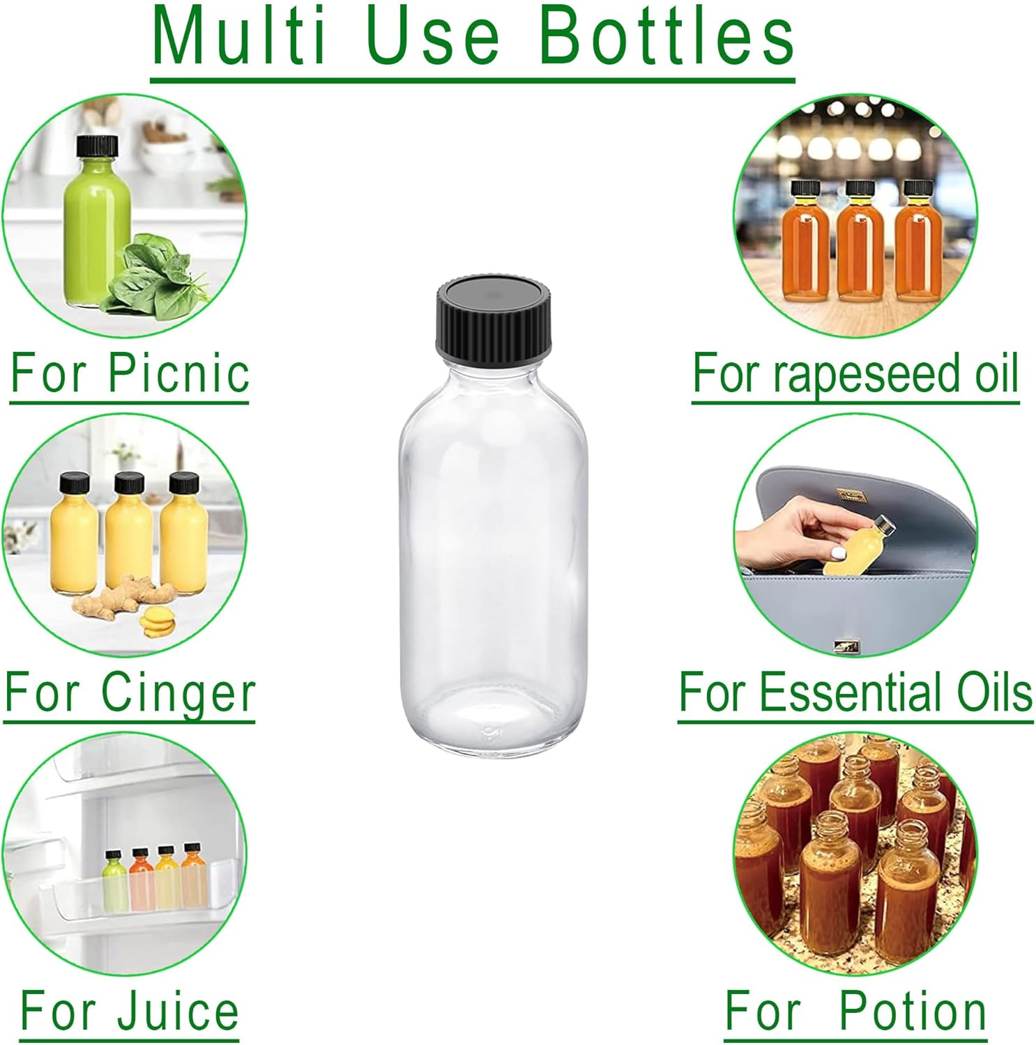 12&times;2 Oz Small Clear Glass Bottles with Lid & 3 Stainless Steel Funnels - 60Ml Boston Sample Bottles - Mini Travel Essential or Decorative Bottles for Potion, Juice, Ginger Shots, Whiskey (12) image number 3