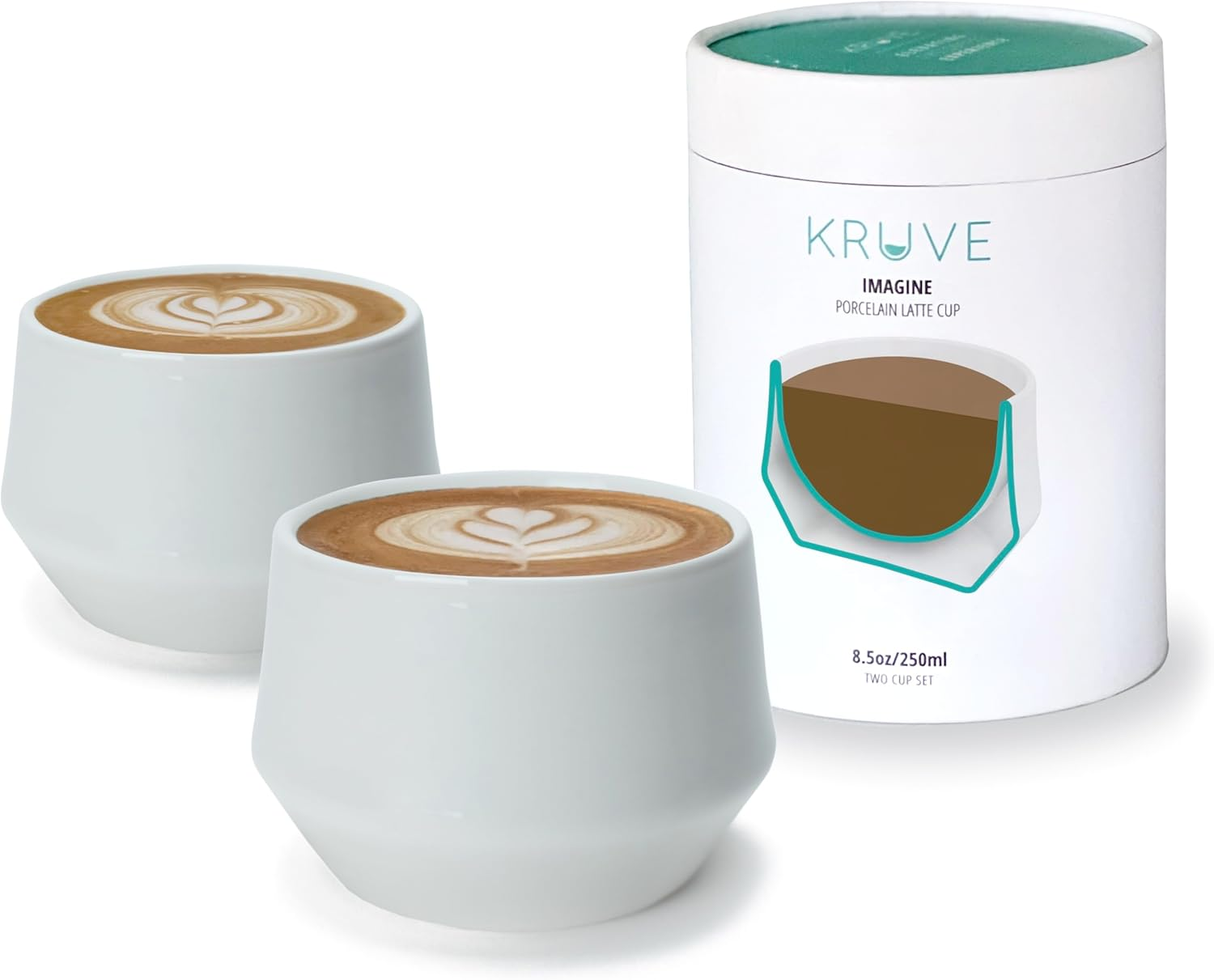 KRUVE Imagine Porcelain Latte Mugs, Set of Two Glass Mugs, Thermal Spherical Design, 5 Oz, Insulated Coffee Cups for Heat Retention
