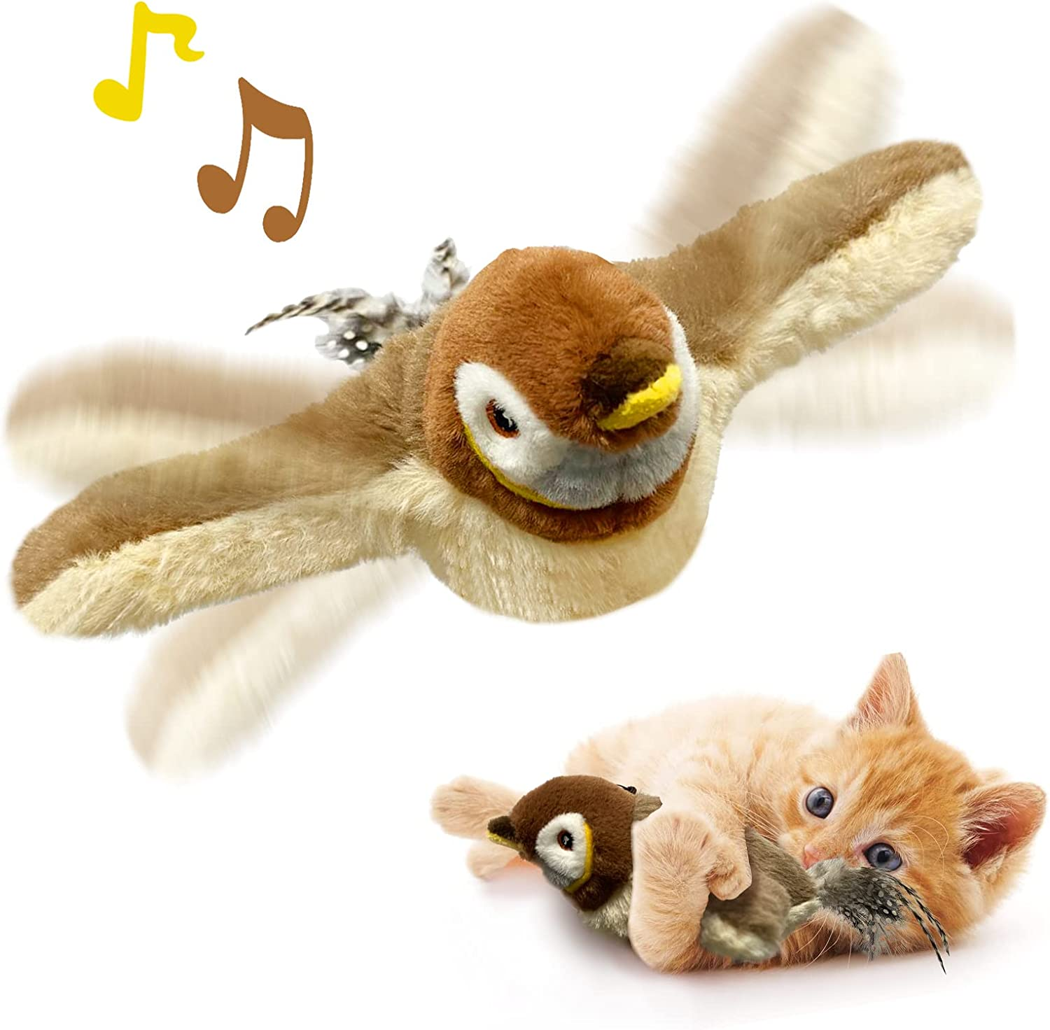 Kreizygo Cat Toys, Flapping Wings Sparrow, No Flying, Chirping Bird Interactive Catnip Toy for Kitten or Small Dogs, Touch Activated, Rechargeable