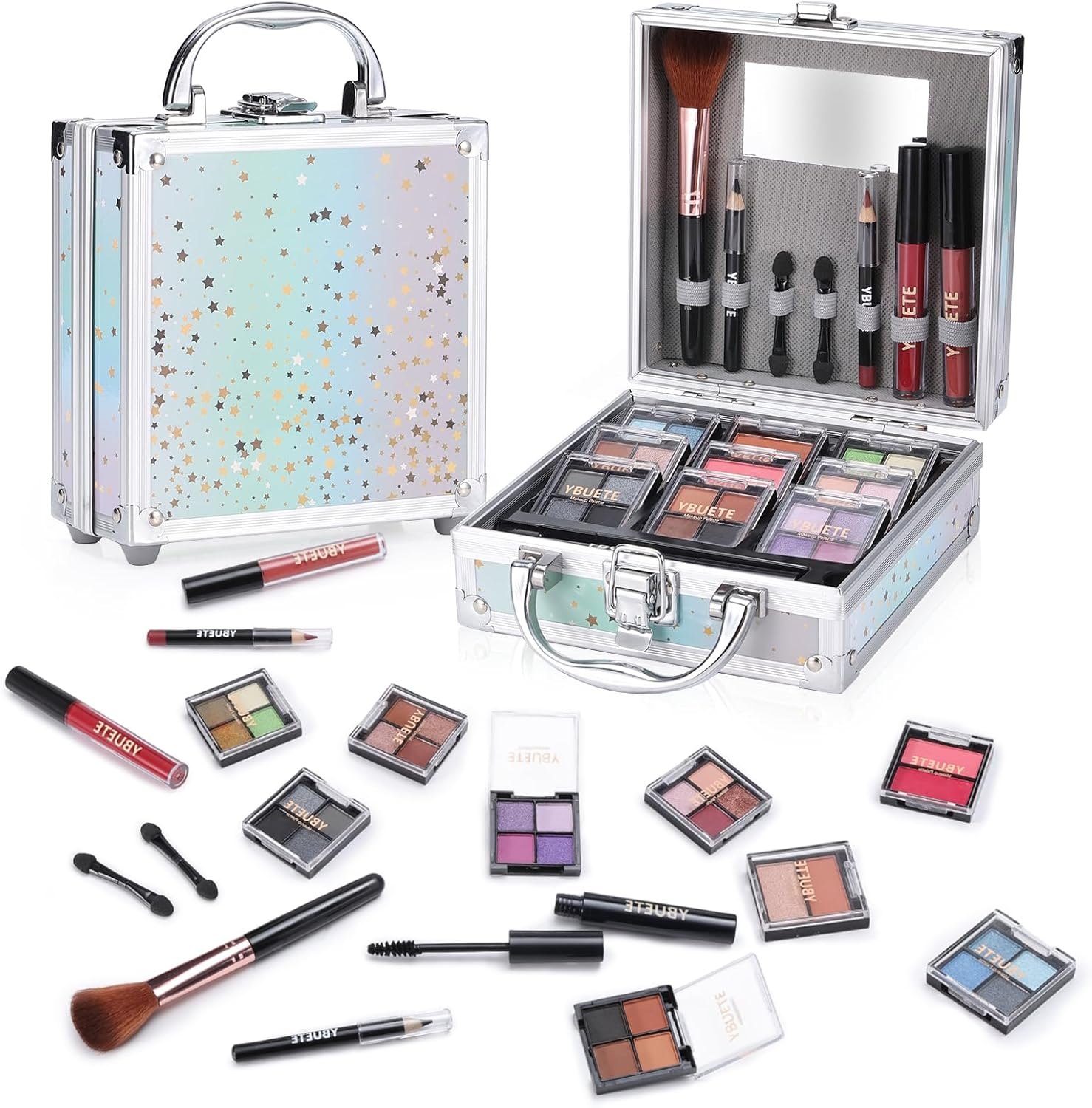 Beginner Makeup Kit for Teen Girl Women, Makeup Present for Her, Set with Cosmetic Train Case Included Eyeshadow Blush Lip Gloss Lip Liner Mascara Eyeliner Mirror (Green) image number 4