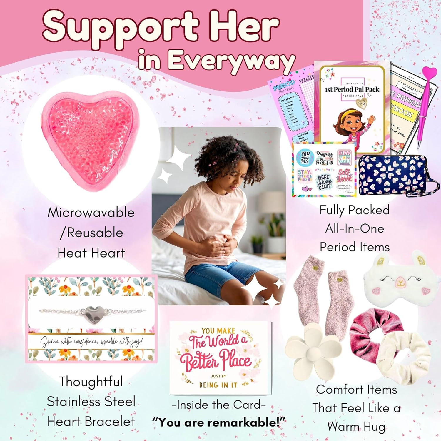 Mark and Lola&rsquo;S First Period Pal Pack To-Go Box | 31 Pcs | First Period Kit for Tweens | Teen Period Kit| Discrete Period Bag, Pads, Panty Liners, Period Kits for Tweens 10-12 (Hearts) image number 6