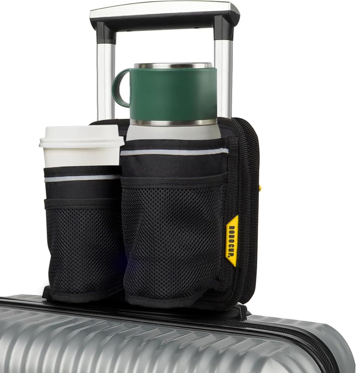 ROBOCUP Travel-Friendly Foldable Dual Drink Holder, Univesal Design for Luggage, Cases and Breifcases with a Telescopic Handle | Storage Pockets, D-Ring, Pen Slot, Reflective Stripe, Hook&Loop Patch image number 1
