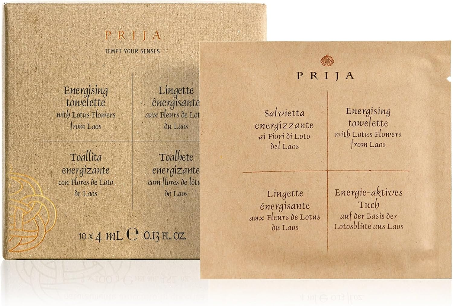 Prija Energising Towelettes Gift Pack for Sanitasing and Moisturising Hands, Luxurious Travel Wet Wipes with Lotus Flower, Premium Natural Viscose Wipes in Gift Box 10 X 4Ml image number 3