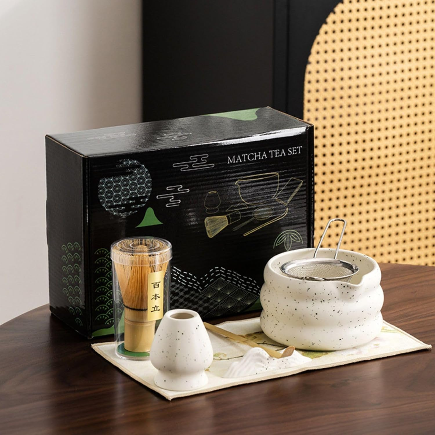 Matcha Whisk Set, 7 Pcs Ceramic Matcha Kit with Matcha Bowl, Spout, Bamboo Whisk, Bamboo Scoop, Ceramic Holder and Stainless Sifter for Traditional Tea Ceremony image number 2