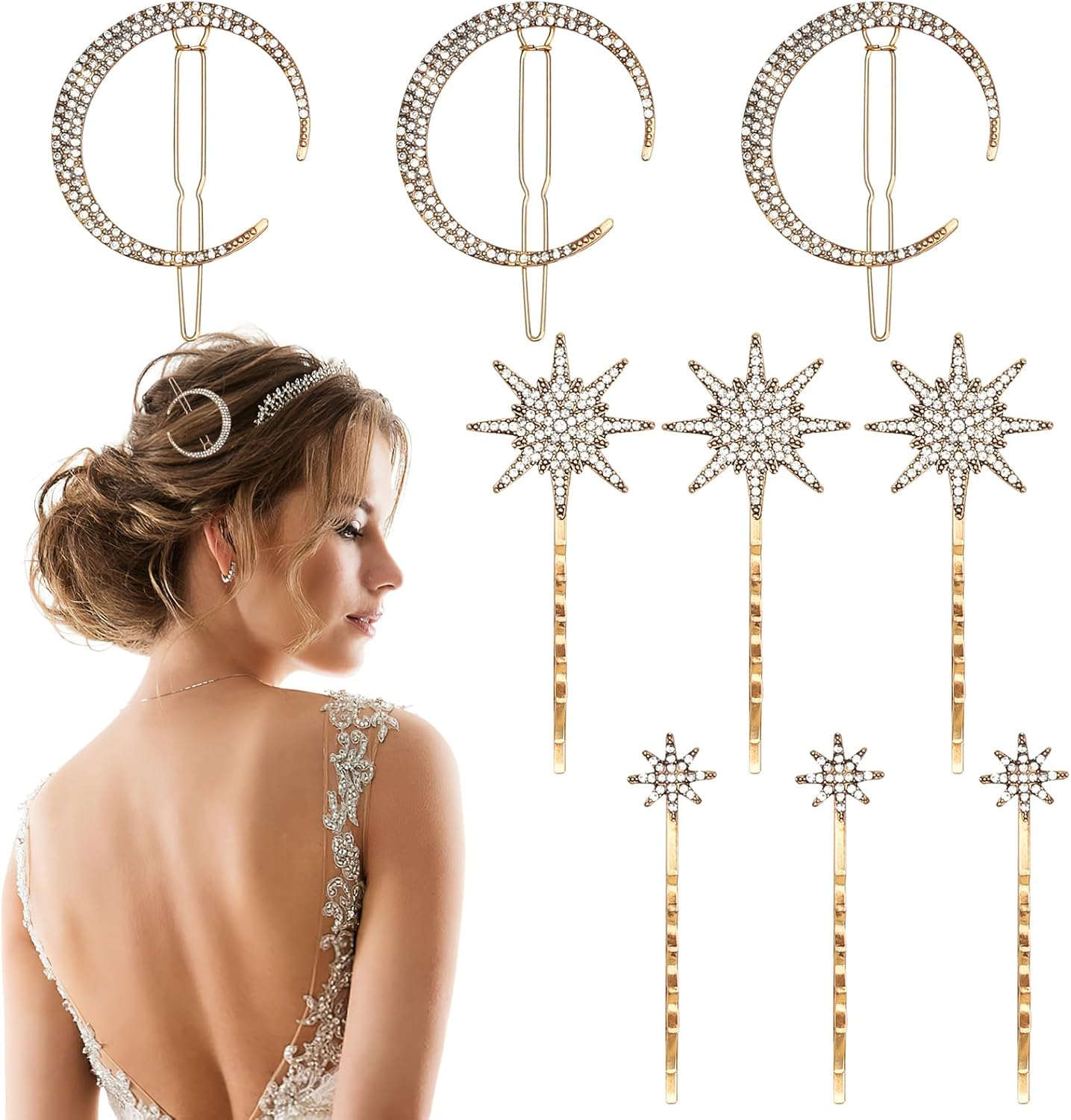 APOMOONS Pack of 6 Star Metal Hair Clips Girls, Star Moon Metal Hair Clips with Rhinestones, Hair Pins for Bride and Wedding, Hair Accessories for Women and Girls (Gold) image number 2