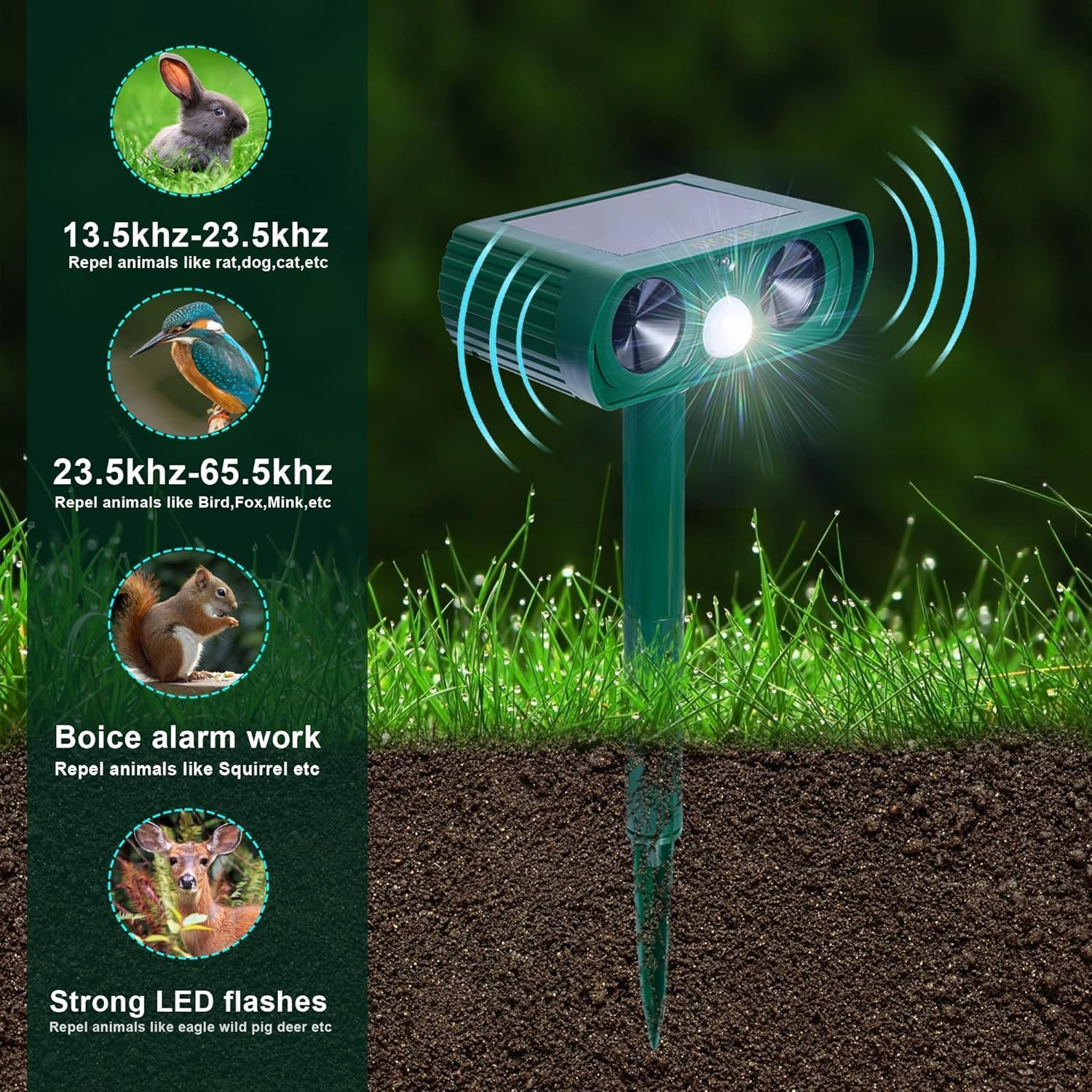 2025 Solar Ultrasonic Animal Repellent, Ultrasonic Cat Deterrents Repellent Defender Rat Squirrel Deer Raccoon Skunk Rabbit Mole Dog, Waterproof with Motion Detector for Yard Lawns Garden Orchard(1) image number 5