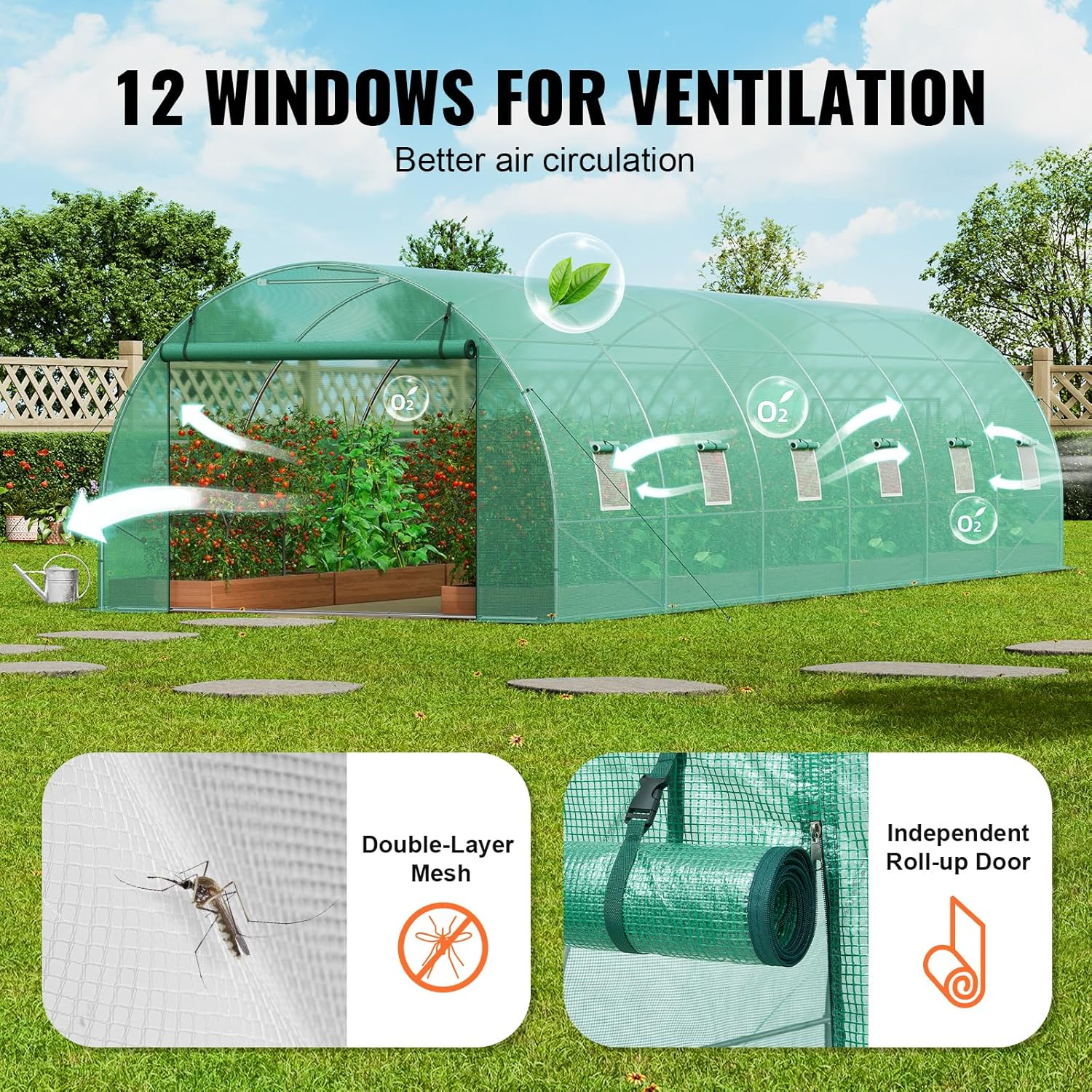 VEVOR Walk-In Tunnel Greenhouse, 29.2X9.7X6.5 Ft Hoop House Greenhouse Tunnel, Plant Hot House with Galvanized Steel Frame, Green PE Cover, Roll-Up Zipper Door and 12 Windows for Outdoor image number 1