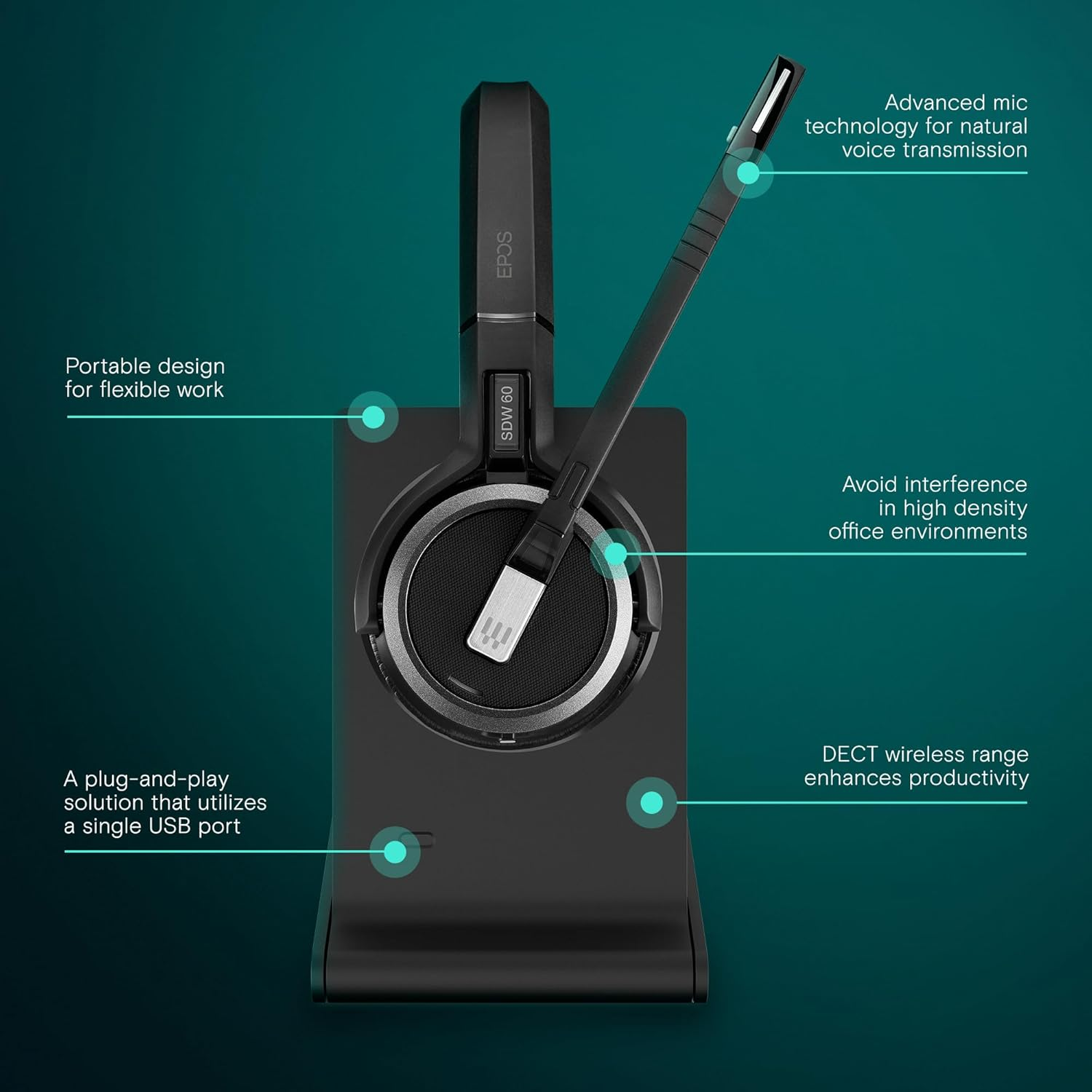 EPOS Impact 5000 Go MS Stereo - Professional DECT Wireless Stereo Headset with Noise Cancelling Microphone, Microsoft Teams Certified, 135 M Range, Foldable Charging Station & USB-A Dongle image number 3