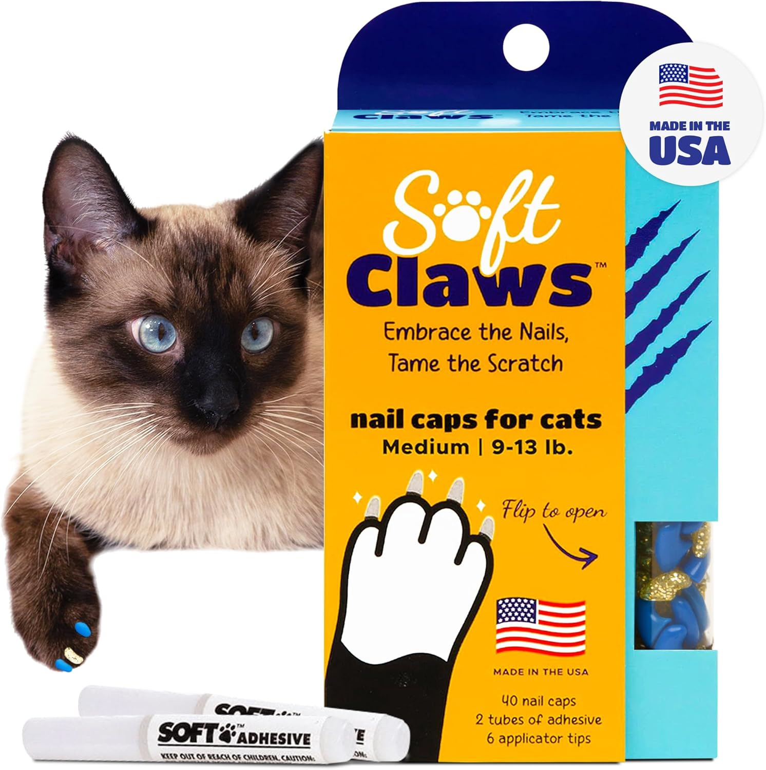 Soft Claws Cat Nail Caps for Medium Cats &ndash; (40 Caps, Blue & Gold) - Made in USA - Veterinarian-Developed | Protects Furniture & Skin - Easy to Apply, Long-Lasting Anti-Scratch Soft Cat Claw Covers