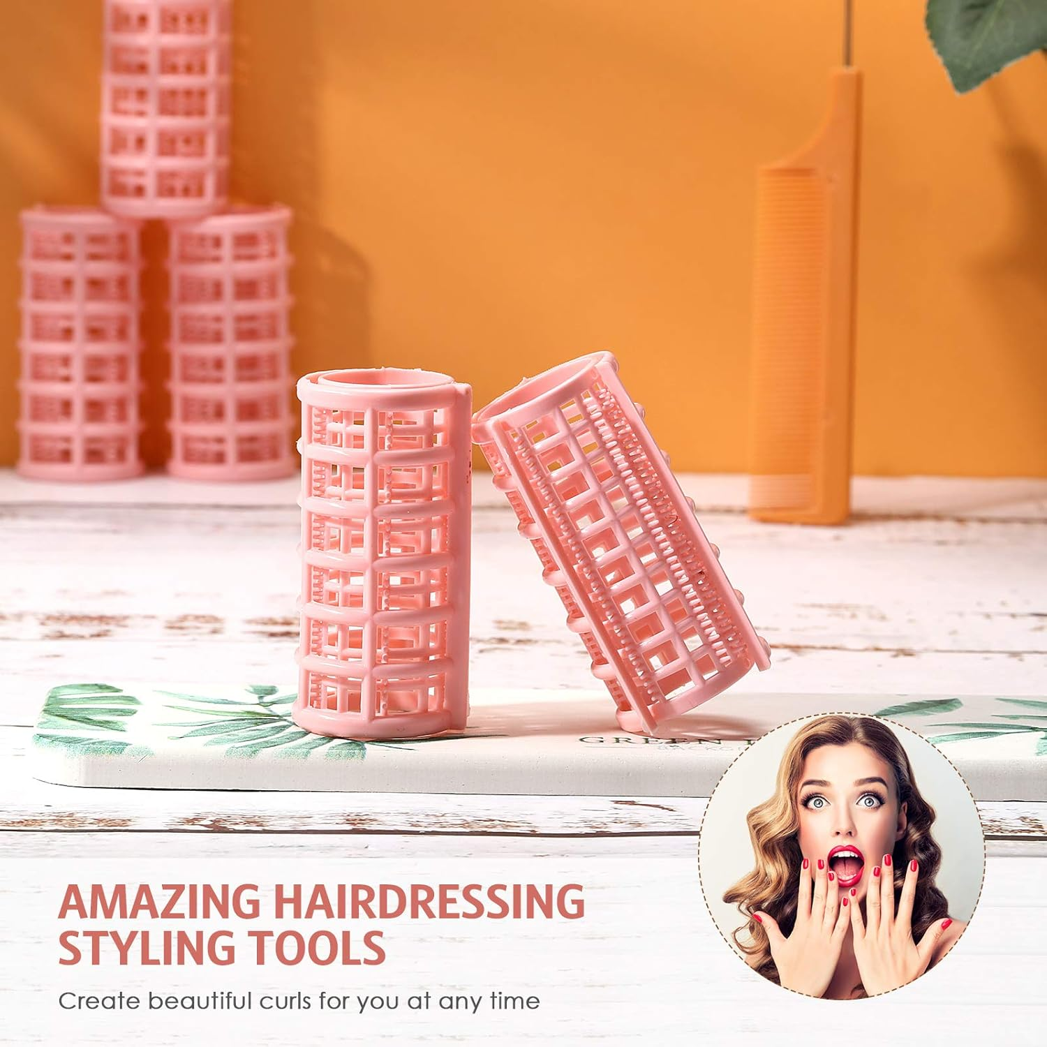 Syhood 12 Pieces Snap Hair Roller, Large Size Plastic Hair Rollers Curlers with Rat Tail Comb for Hairdressing Styling Tools(6.8 X 3 Cm,Peach Color) image number 7