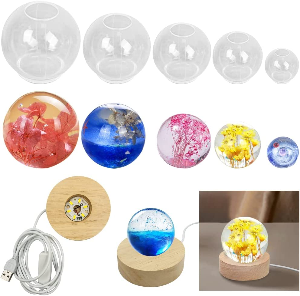 AFUNTA 5 PCS Clear Silicone Ball Molds, 3D Sphere Silicone Resin Mold round Ball Epoxy Resin Mold with USB Powered Lighted Base Stand, for Jewelry Making, Home Decoration
