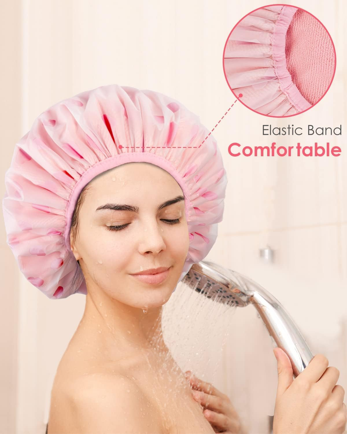 Shower Cap for Women Terry Cloth Lined EVA Exterior Reusable Double Layer Waterproof, Large Bath Hair Cap for All Hair Lengths, Hair Care Cleaning Supplies Hotel Travel Essentials Accessories image number 3