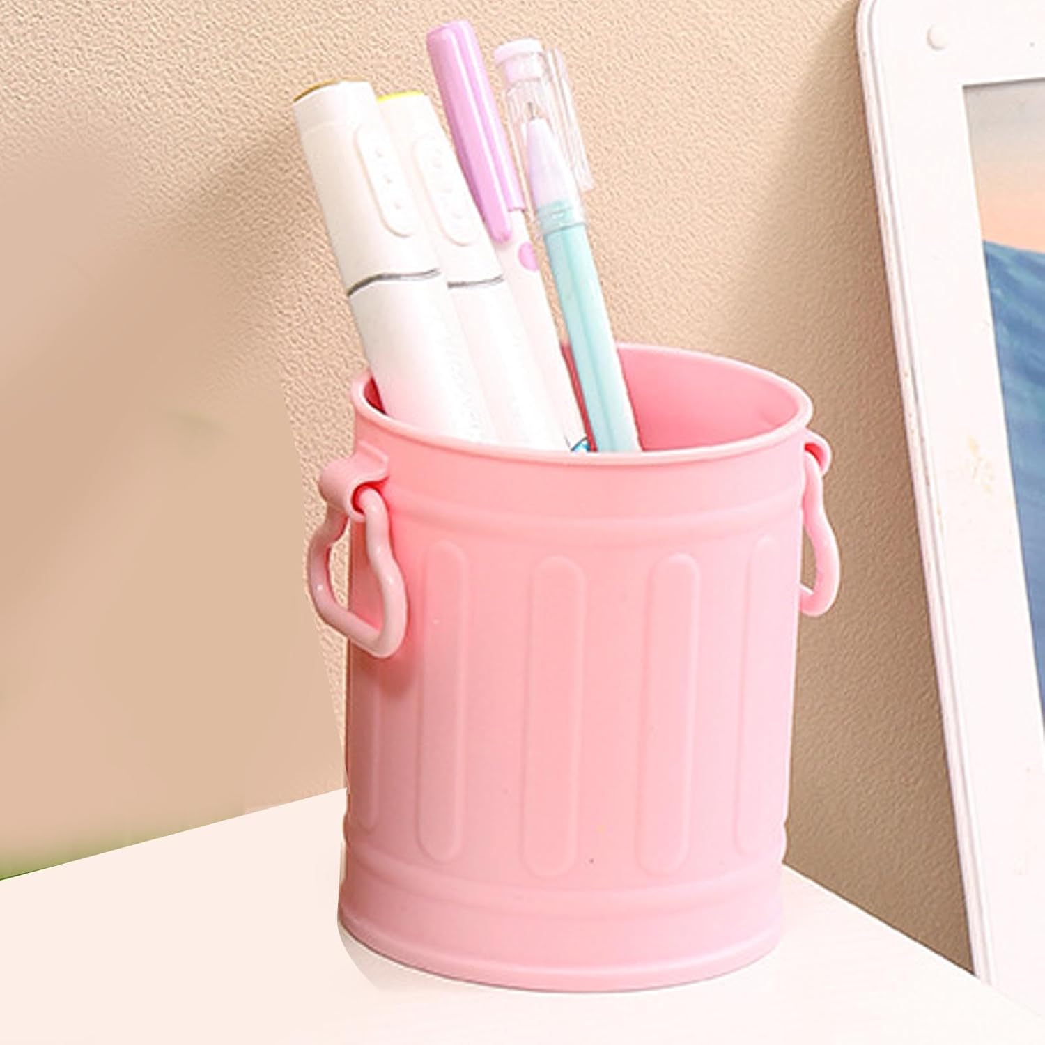 Asixxsix Pen Holder, Plastic Pencil Holder Cute Large Capacity Pen Cup Practical Makeup Brush Cup Versatile Desk Organizer for Office, School, Home and Stationary Supplies (Pink) - White image number 3