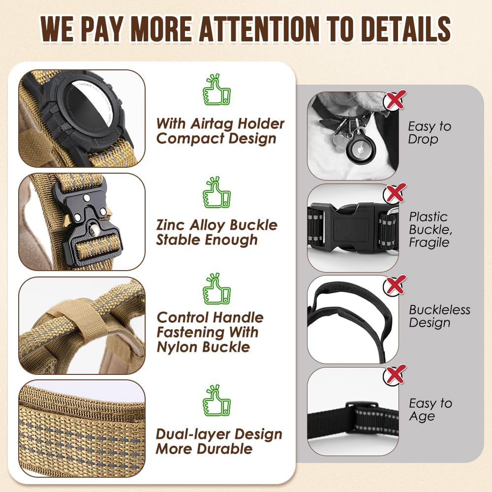 Slowton Tactical Dog Collar with Airtag Holder, Adjustable Nylon Dog Collar with Metal Buckle and Control Handle, Military Thick Dog Collar for Medium Large Dogs image number 3