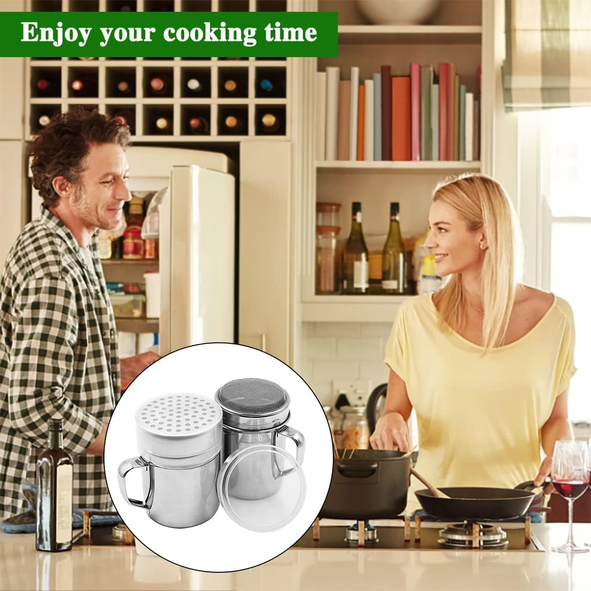 Sugar Bowl Duster with Handle, 2 Pieces Stainless Steel Powder Bottles for Sugar Pepper Cinnamon Flour with Printed Mold Template Fine Large Grid image number 5