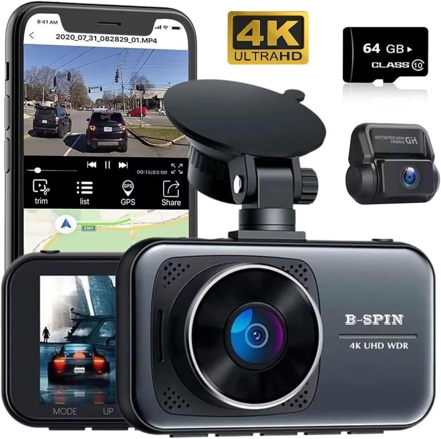 Dual Dash Cam 4K 2160 P Ultra HD Car DVR Front and Rear Camera with Built-In Wifi & GPS (170 Degree Wide) with 64 GB High Speed SD Card Free (Maximum Support 256 GB) 24 Hour Monitoring image number 5
