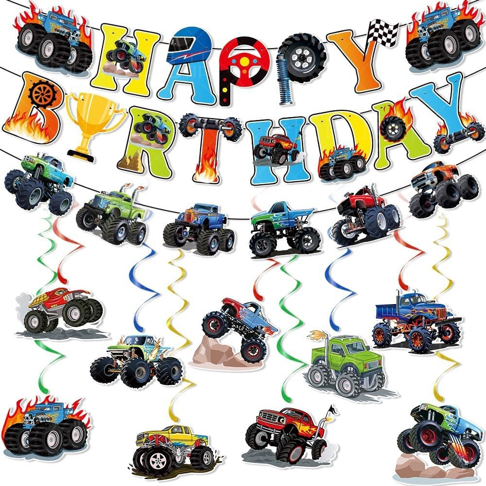 Off-Road Vehicle Birthday Party Decorations Set, Happy Birthday Banner with Hanging Swirls, 11 Pieces