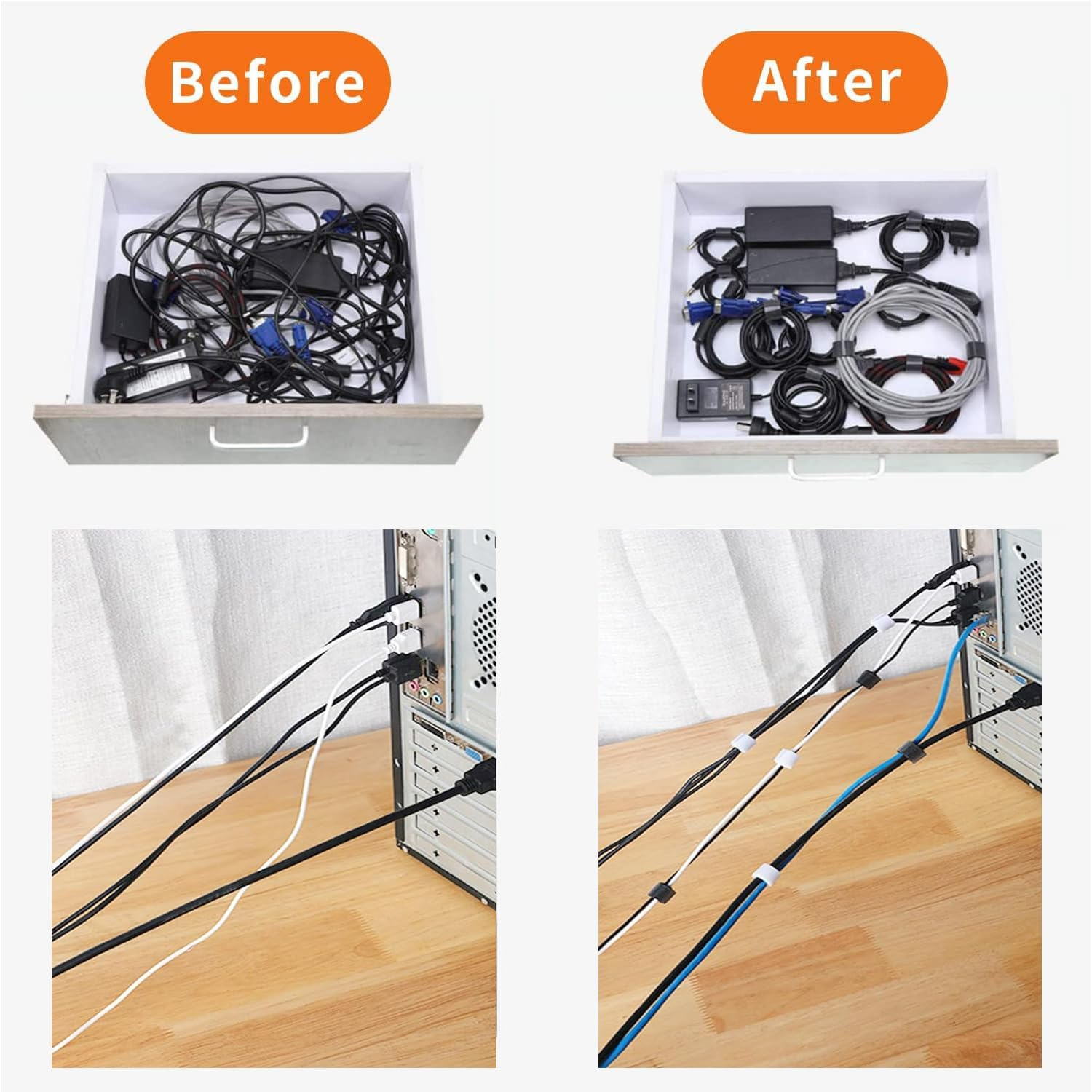 Yharnamite 2 Pcs Fastening Tape Hook and Loop Cable Ties, Self Adhesive Velcro Tape, Reusable Strong Sticky Back Fastening Tape for Cable Management, Cord Organizer Straps(10M)