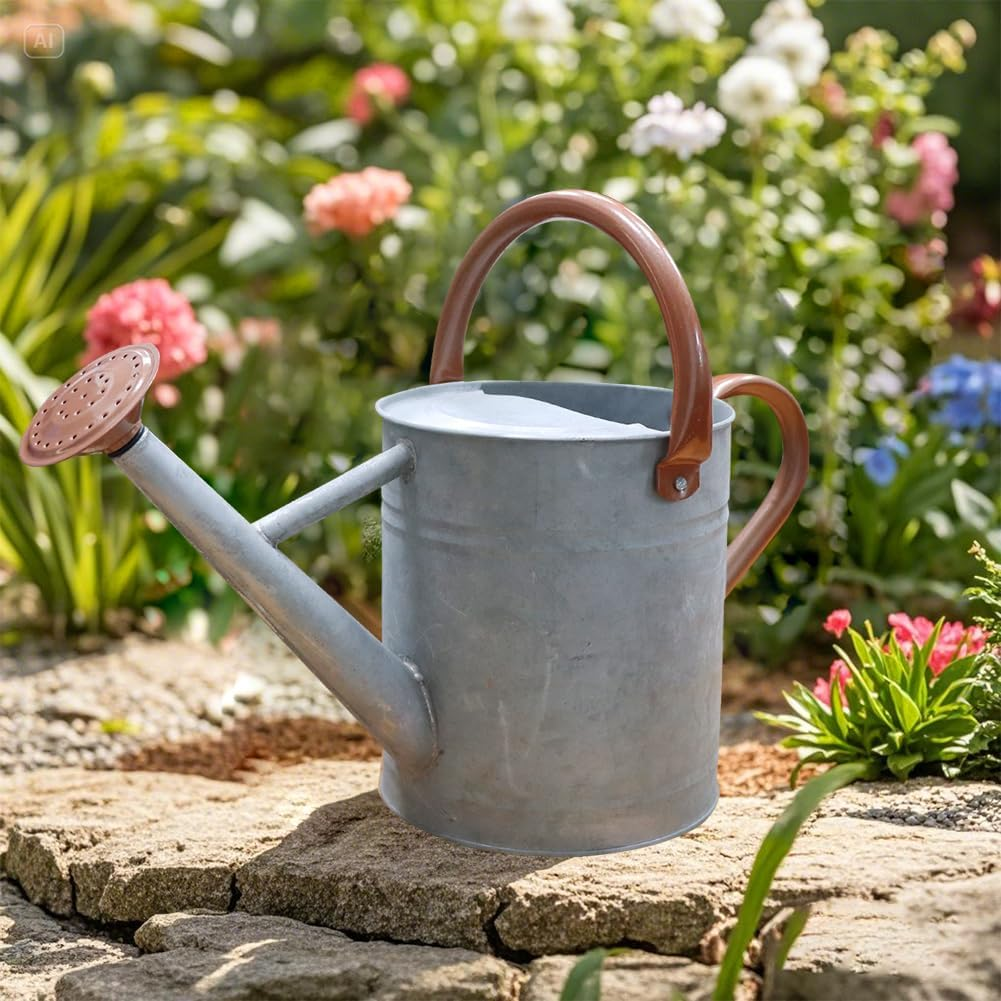 Steel Watering Can Sliver Galvanized Steel Watering Can with Copper Accents,Removable Rosette-Diffuser,One-Gallon image number 2