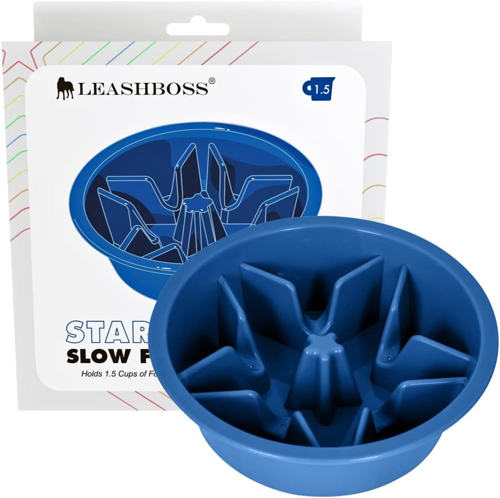 Leashboss Slow Feed Dog Bowl for Raised Pet Feeders - Maze Food Bowl Compatible with Elevated Diners (1.5 Cup - 6-6.25 Inch Feeder Holes, Blue)