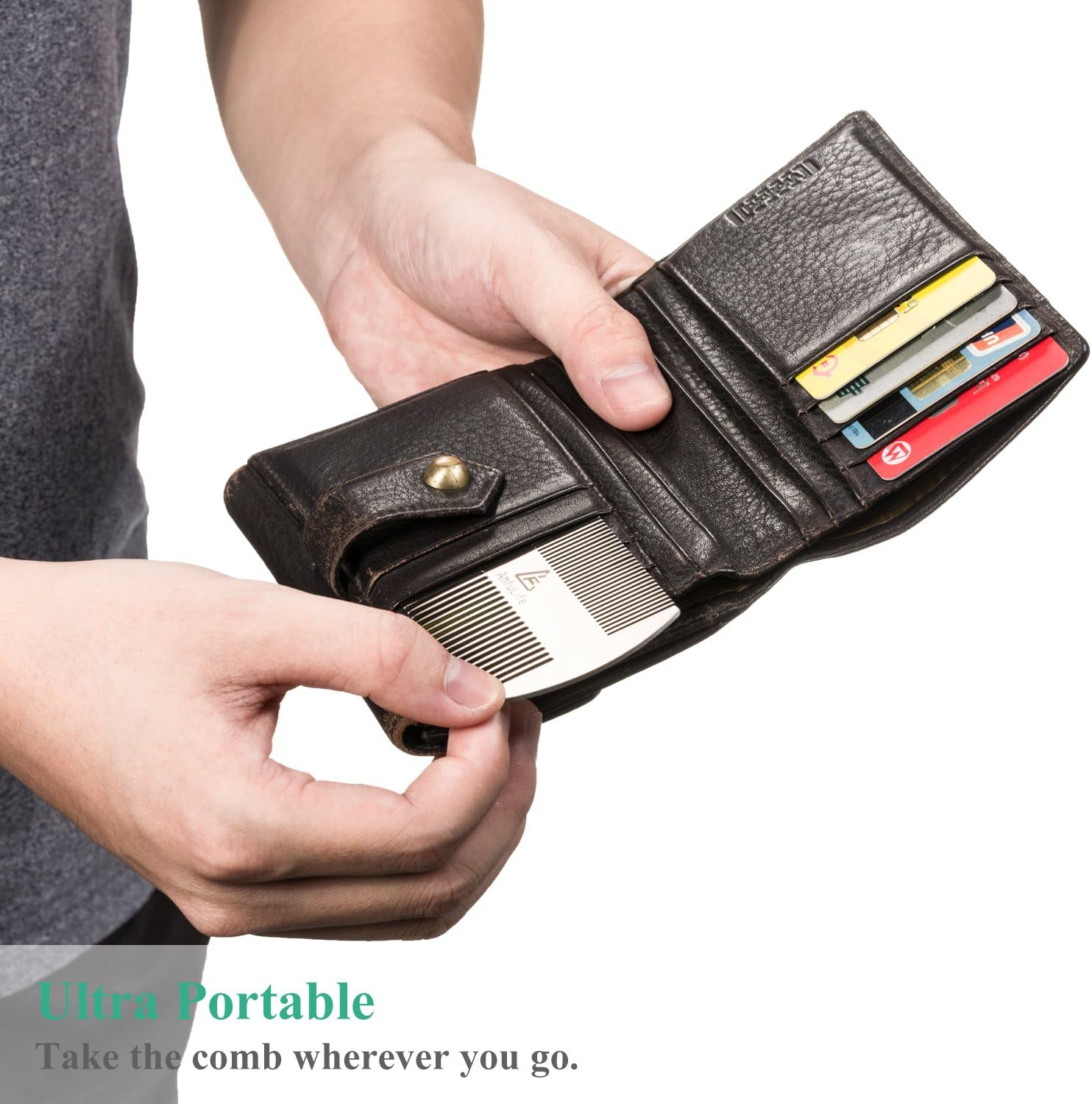 Ahfulife Metal Hair & Beard Comb - EDC Credit Card Size - Anti-Static Dual Action - Stainless Steel Comb Gift Box image number 1