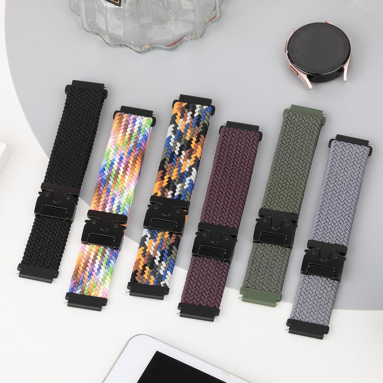 20Mm Braided Solo Loop for Samsung Galaxy Watch 7 FE 6 5 4 40Mm 44Mm/Watch 6 4 Classic Band 42Mm 46Mm 43Mm 47Mm/Galaxy Watch 5 Pro Band 45Mm/Active 2,Parachute Buckle Elastic Soft Nylon Sport Band