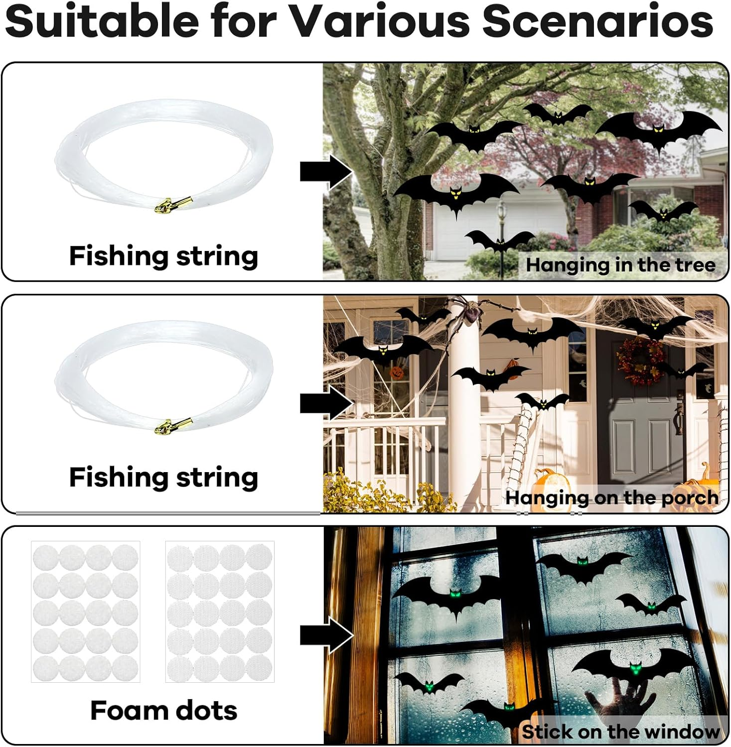 13 PCS Hanging Bats Halloween Decoration Outdoor Black Plastic Bats with Glowing Eyes Different Size Flying Bats Halloween Decor Hanging in the Tree, Porch, Yard, Lawn, Indoor image number 5