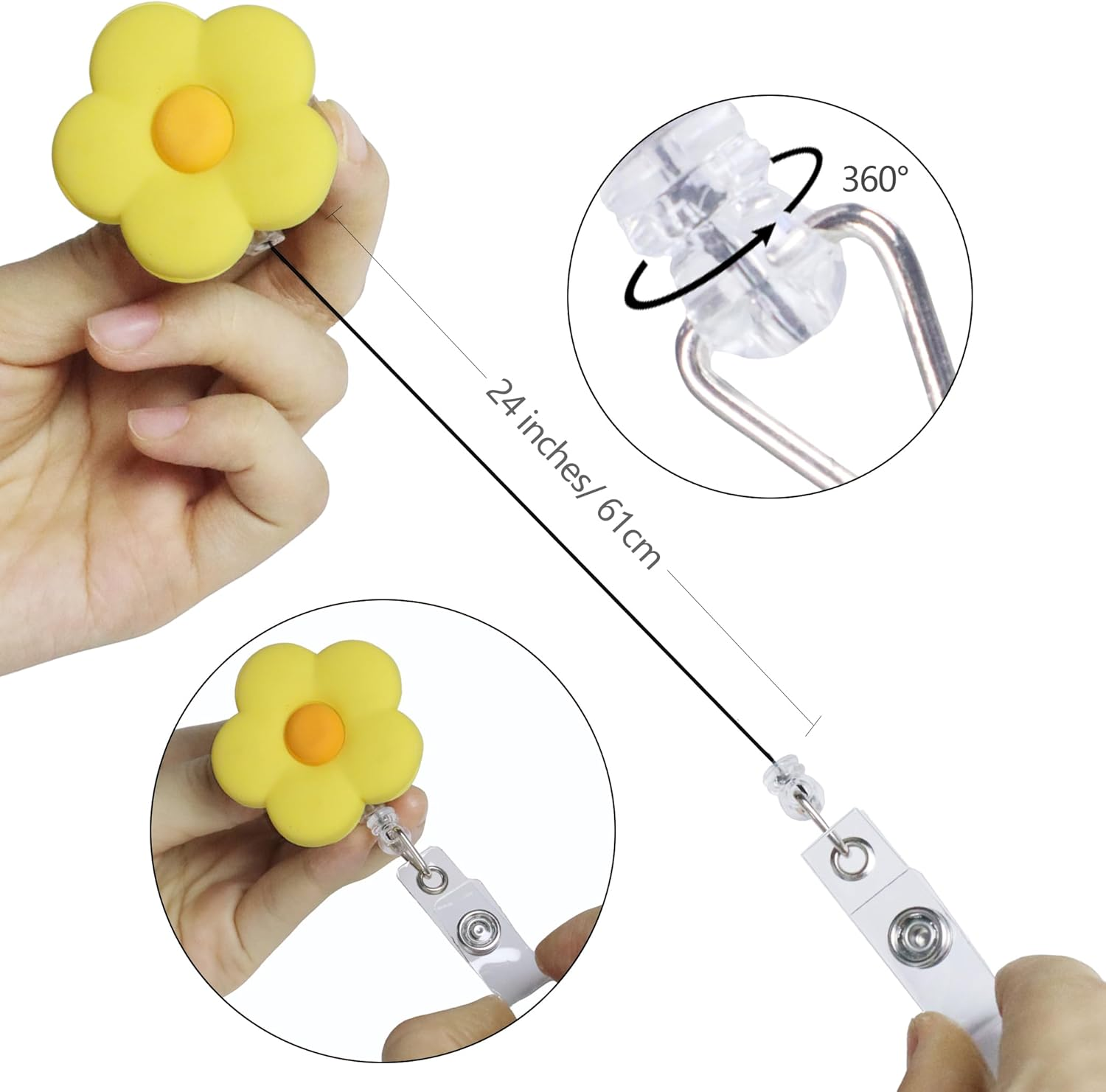 6Pcs Flower Retractable Badge Holders, Cute Colorful Badge Reels with 24 Inch Retractable Cord, Badge Holder Retractable Clip image number 6