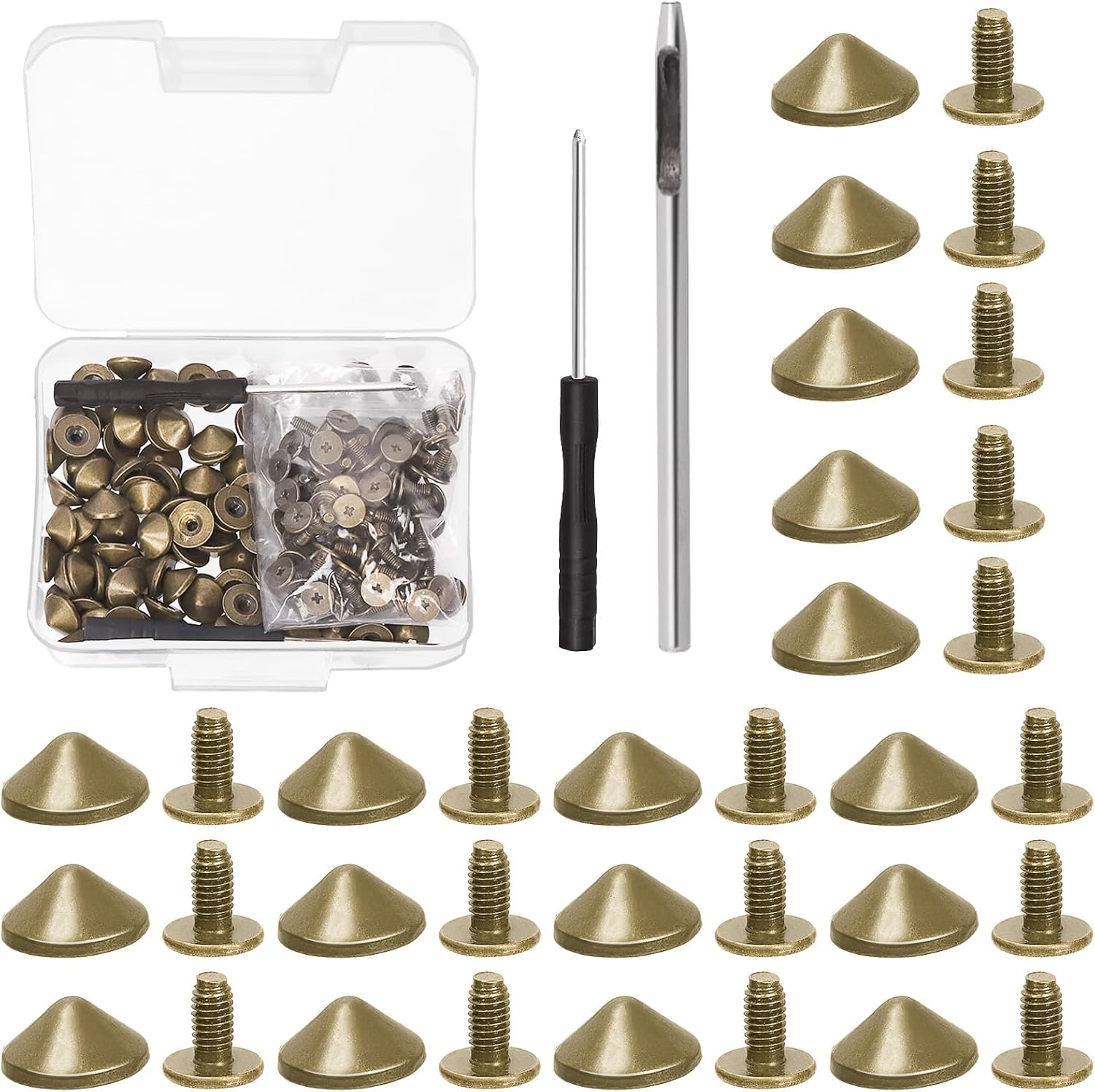 Mardatt 100 Sets 10Mm Gold Cone Spikes and Studs with Hole Puncher and Screwdriver, 4.7Mm Height Bullet Spike Cone Studs Screw Back Punk Studs and Spikes for DIY Leather Craft