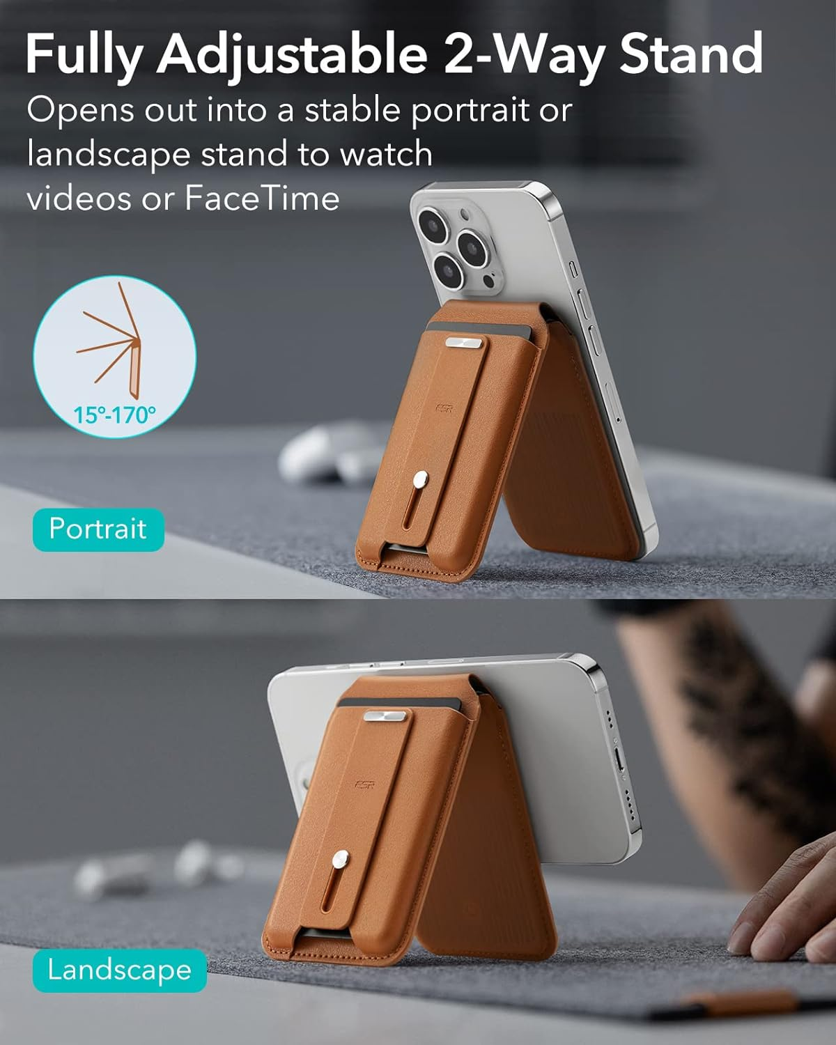 ESR for Magsafe Wallet with Full Find My Functionality, Magnetic Geo Iphone Wallet, up to 3,000G Magnet Strength, with Adjustable Stand, for Iphone 16/15/14/13/12 Series, Brown image number 4