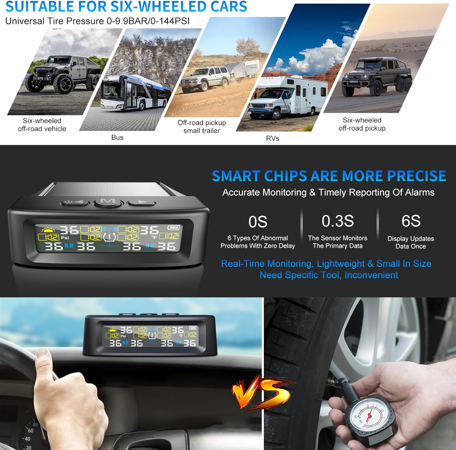 Tire Pressure Monitoring System with 6 External Sensors, TPMS with Solar Charge & 6 Alarm Modes, LCD Real-Time Display, Auto Sleep Mode, Tire Pressure Sensors for RV Trailer Truck Pickup (0-144 PSI) image number 3