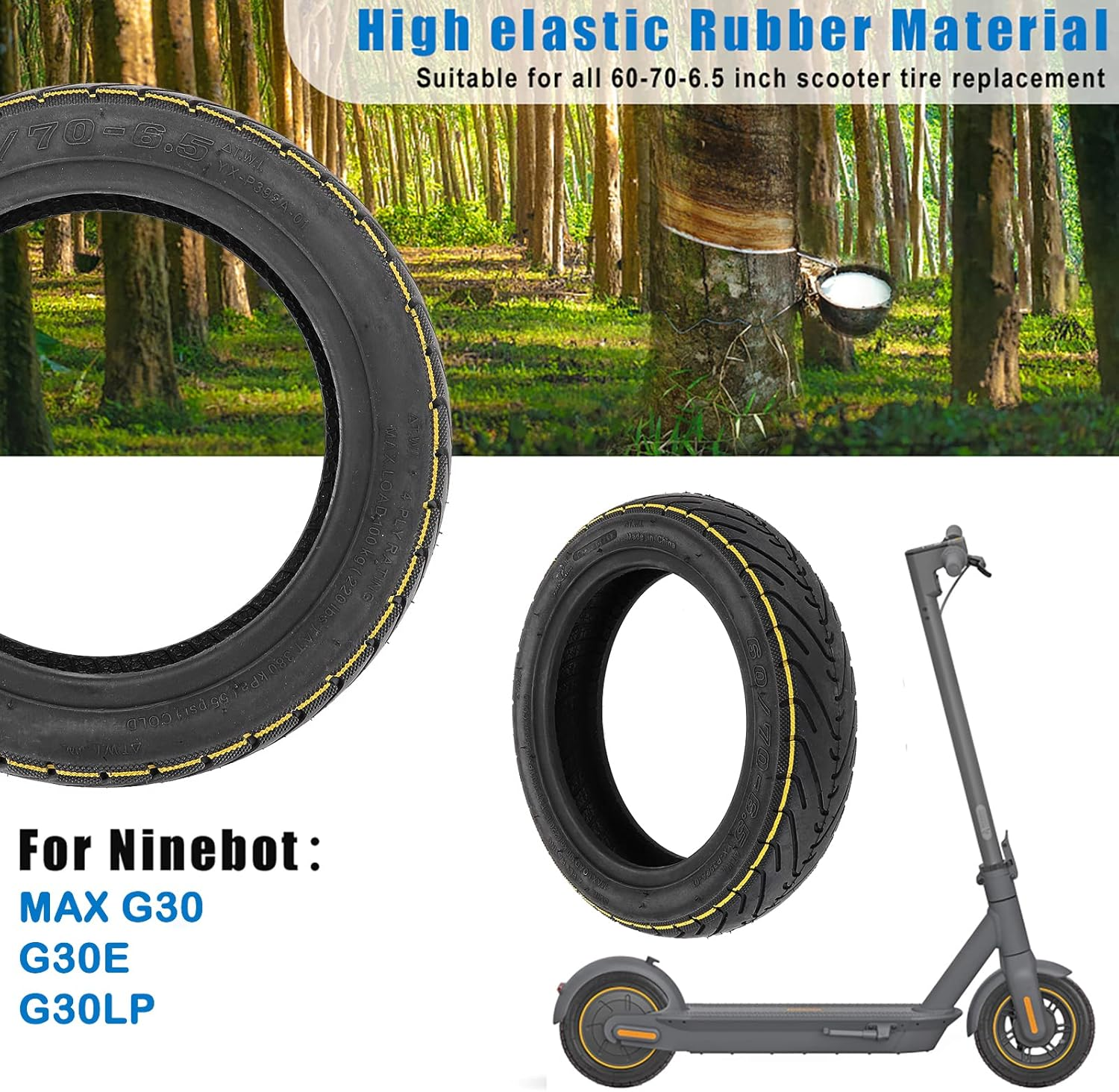 Prodroam 10 Inch Tyre Tubeless 60/70-6.5 for Segway Ninebot Max G30 G30D 2 G30E 2 G30P G30LP Electric Scooter Replacement Tyres Front Rear with Valve, No Self-Healing (Yellow Stripes, 2 Pieces) image number 3