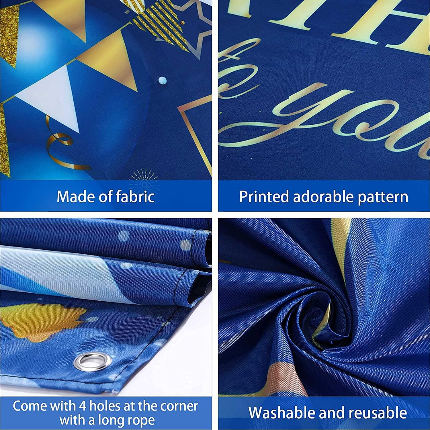 Happy Birthday Decorations Banner - Navy Blue and Gold Sign for Party Supplies, Photo Backdrop Background for Children, Men, Women Celebration, 72.8 X 43.3 Inch image number 4