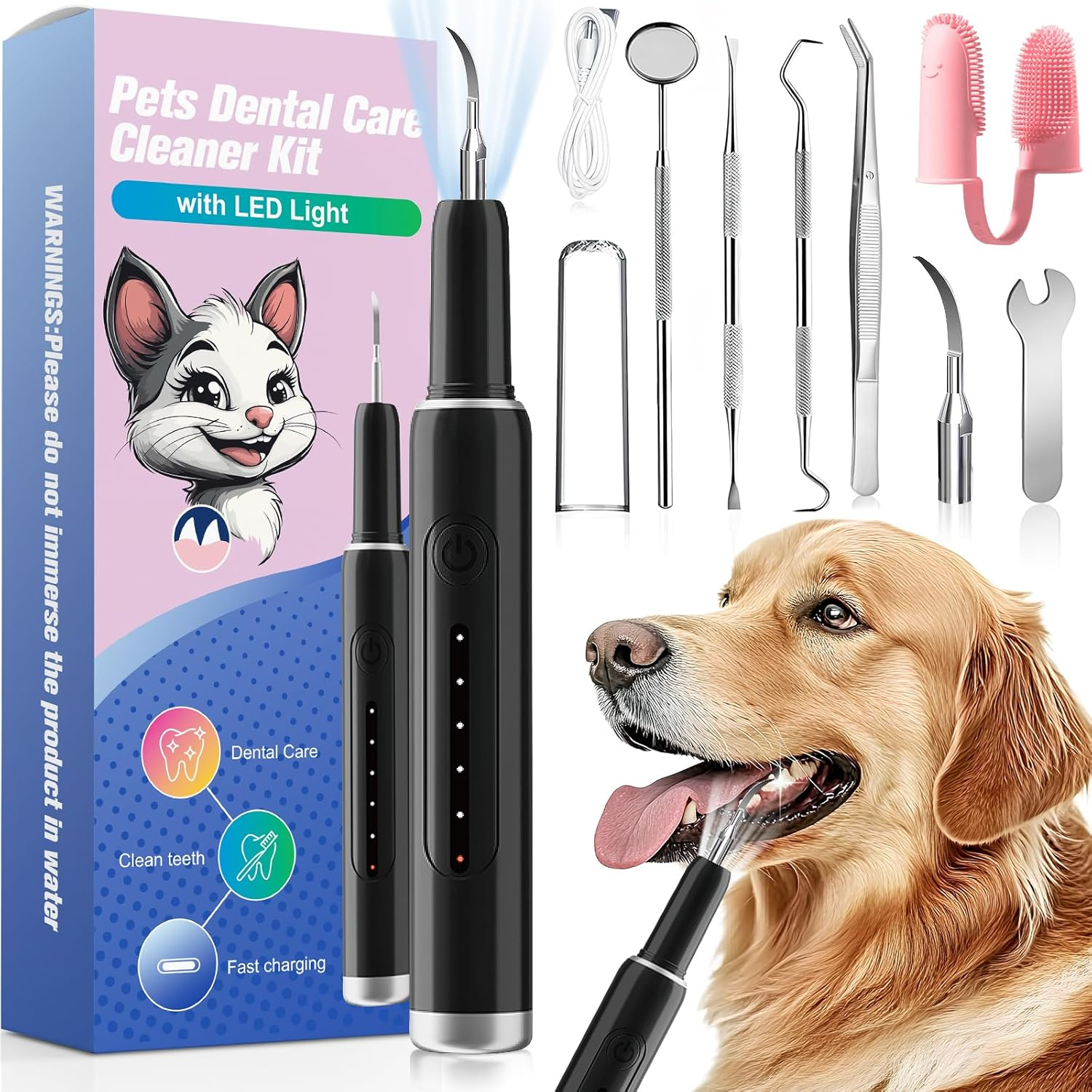 Dog Tartar Remover for Teeth, with LED Light, Dog Teeth Cleaning Kit Plaque and Tartar Remover, Pet Tooth Brushing Kit with 5 Modes for Dogs and Cats image number 4