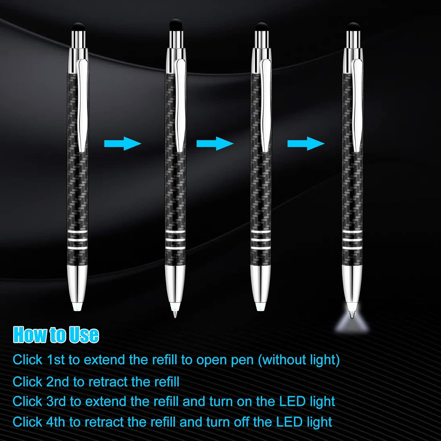 Lighted Tip Pen with Stylus 3-In-1 - LED Penlight Ballpoint Pen with Light for Writing in the Dark - Pack of 3 - White Light - GL006 - White image number 3